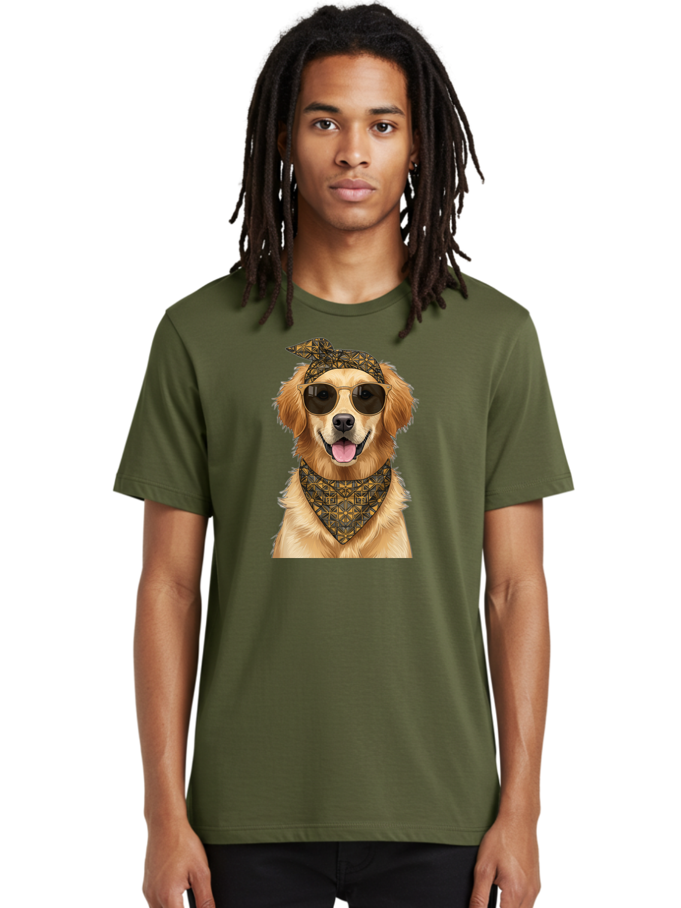 Cool-Dog-3 Men'S Graphic Tee, 100% Cotton, Comfortable Casual Summer Wear, Machine Washable, Happy Dog, Golden Retriever, Sunglasses, Bandana, Cool Dog, Furry Friend, Funky Pet, Trendy Animal, Dog Accessories, Pet Fashion Bab814