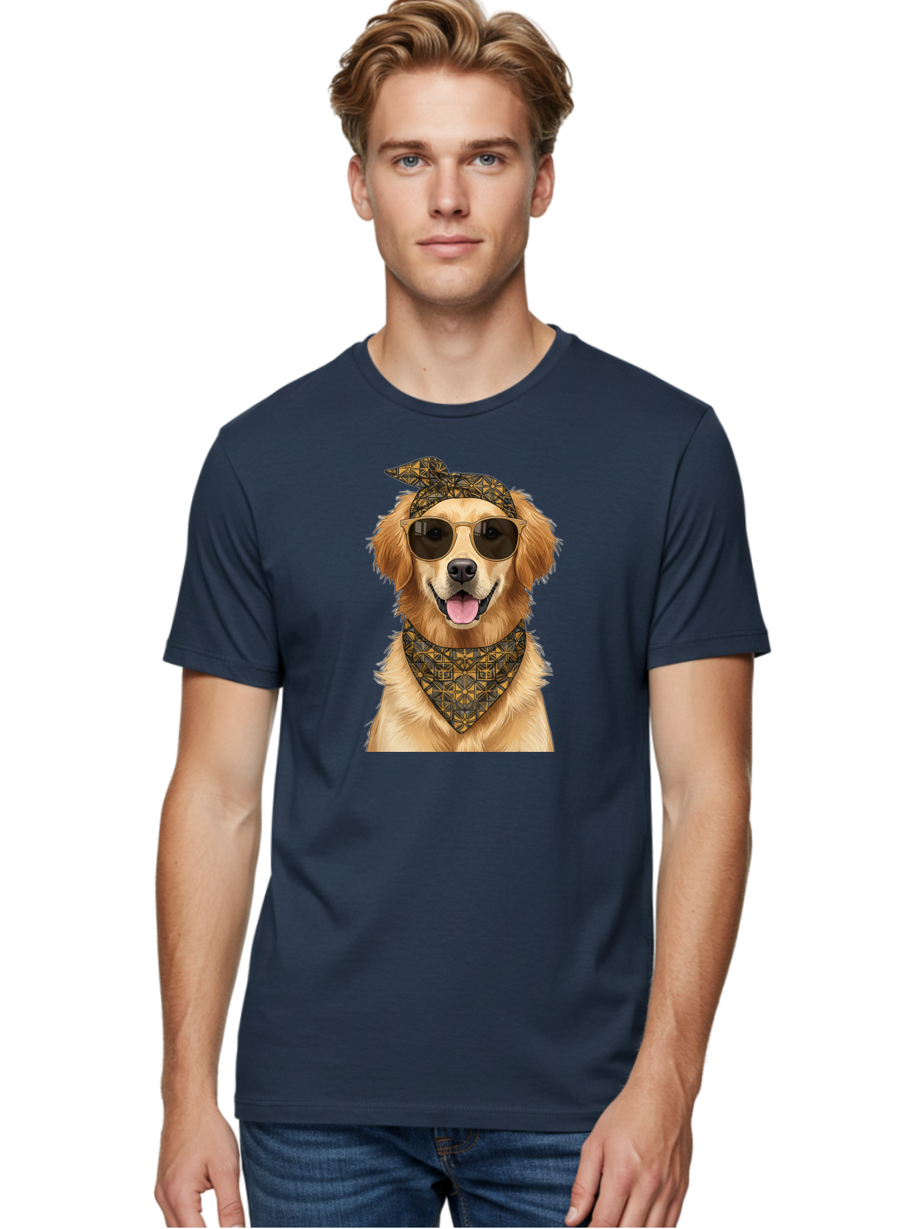 Cool-Dog-3 Men'S Graphic Tee, 100% Cotton, Comfortable Casual Summer Wear, Machine Washable, Happy Dog, Golden Retriever, Sunglasses, Bandana, Cool Dog, Furry Friend, Funky Pet, Trendy Animal, Dog Accessories, Pet Fashion Bab814