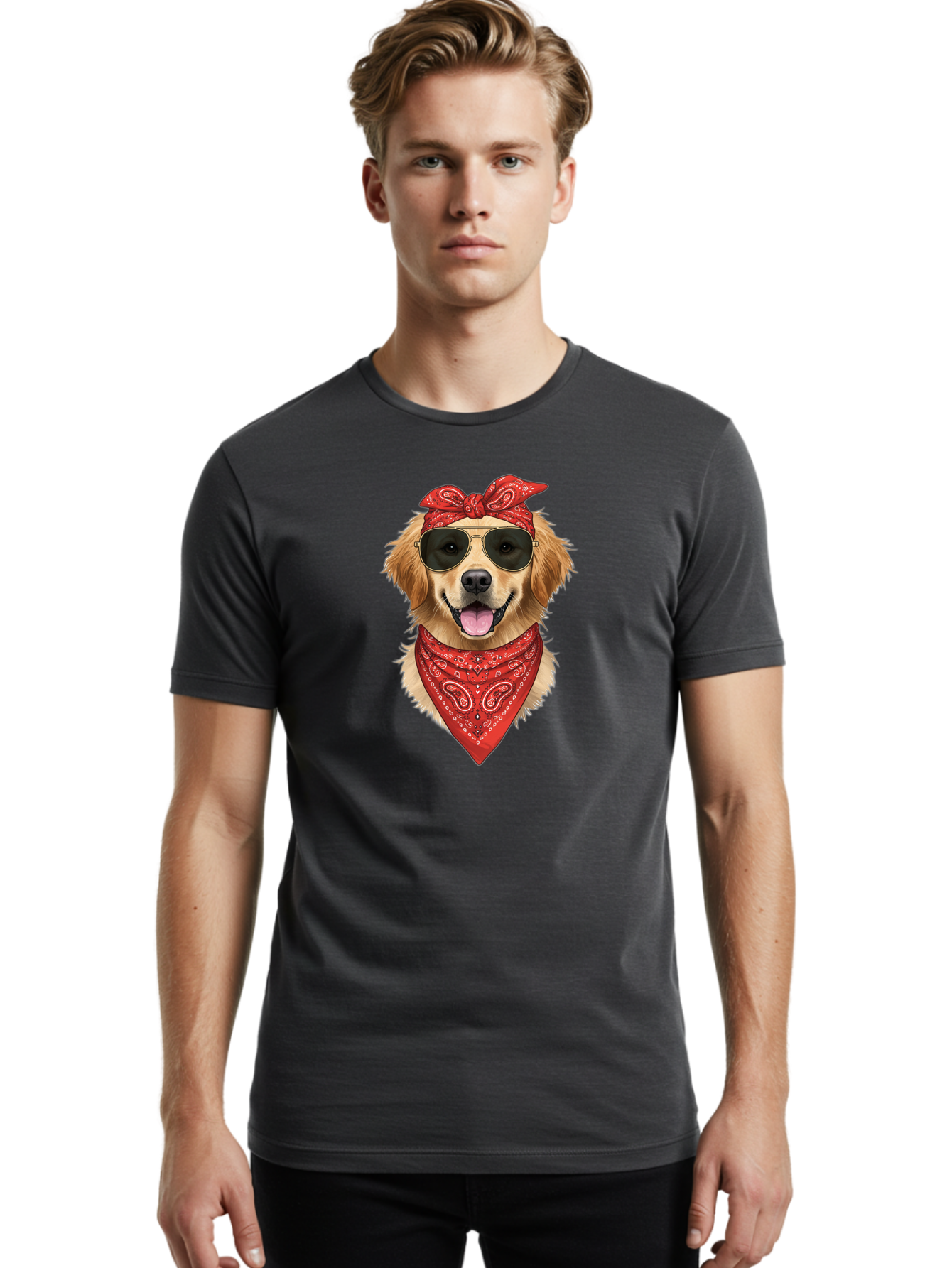 Cool-Dog Men'S Graphic Tee, 100% Cotton, Comfortable Casual Summer Wear, Machine Washable, Golden Retriever Dog, Red Bandana, Sunglasses, Cool Dog, Funny Dog, Dog Portrait, Canine Fashion, Stylish Pet Bab815