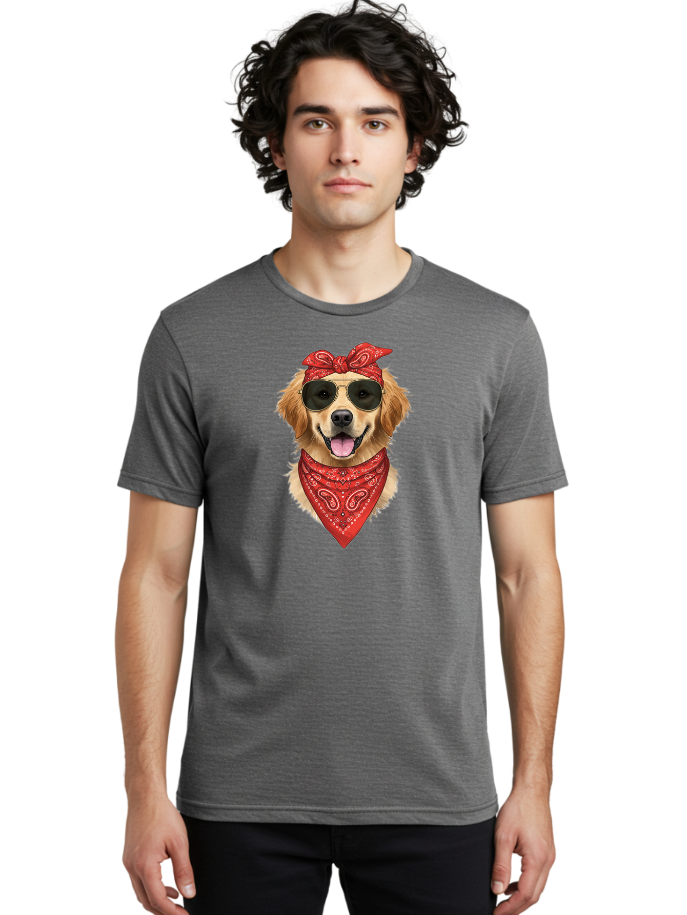 Cool-Dog Men'S Graphic Tee, 100% Cotton, Comfortable Casual Summer Wear, Machine Washable, Golden Retriever Dog, Red Bandana, Sunglasses, Cool Dog, Funny Dog, Dog Portrait, Canine Fashion, Stylish Pet Bab815