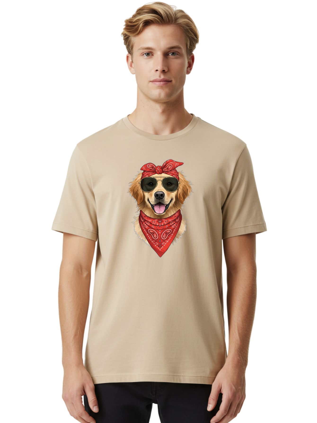 Cool-Dog Men'S Graphic Tee, 100% Cotton, Comfortable Casual Summer Wear, Machine Washable, Golden Retriever Dog, Red Bandana, Sunglasses, Cool Dog, Funny Dog, Dog Portrait, Canine Fashion, Stylish Pet Bab815