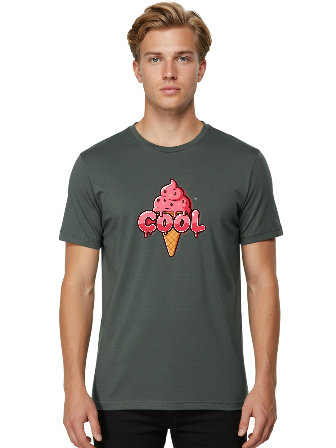 Cool-Ice-Cream Men'S Graphic Tee, 100% Cotton, Comfortable Casual Summer Wear, Machine Washable, Cool Ice Cream, Sweet Treat, Ice Cream Cone, Melting Ice Cream, Dripping Ice Cream, Summer Dessert, Chocolate Chip Ice Cream, Cartoon Illustration Bab816