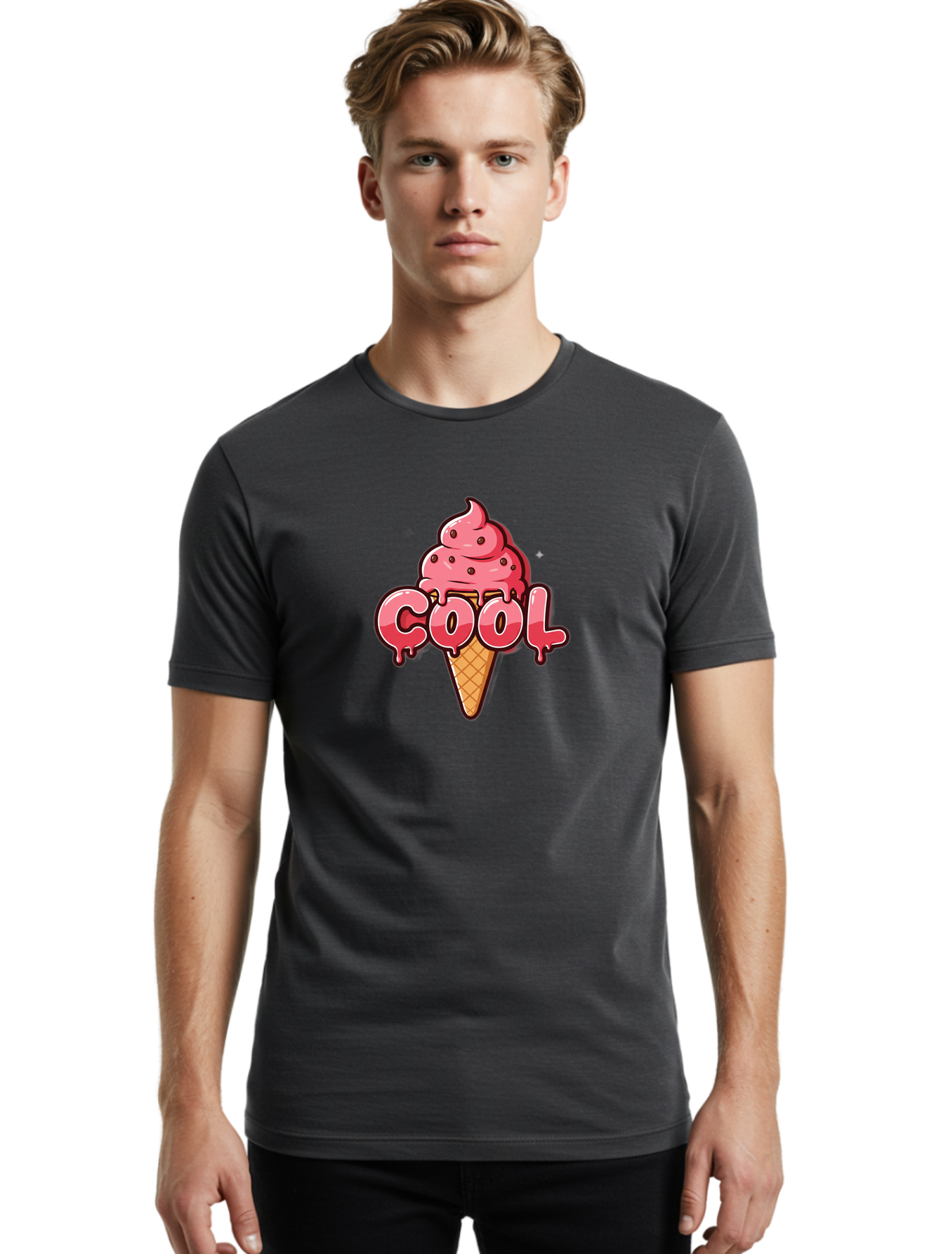Cool-Ice-Cream Men'S Graphic Tee, 100% Cotton, Comfortable Casual Summer Wear, Machine Washable, Cool Ice Cream, Sweet Treat, Ice Cream Cone, Melting Ice Cream, Dripping Ice Cream, Summer Dessert, Chocolate Chip Ice Cream, Cartoon Illustration Bab816