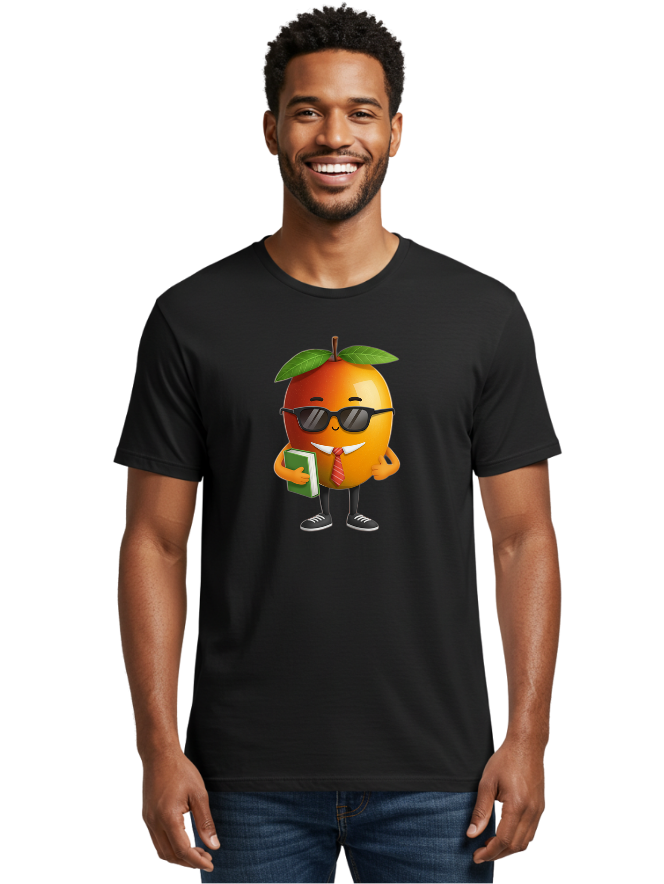 Cool-Orange Men'S Graphic Tee, 100% Cotton, Comfortable Casual Summer Wear, Machine Washable, Cartoon Orange, Sunglasses, Red Tie, Green Book, Black Shoes, Funny Character, Citrus Fruit, Happy Face, Vibrant Orange, Playful Illustration, Bab817