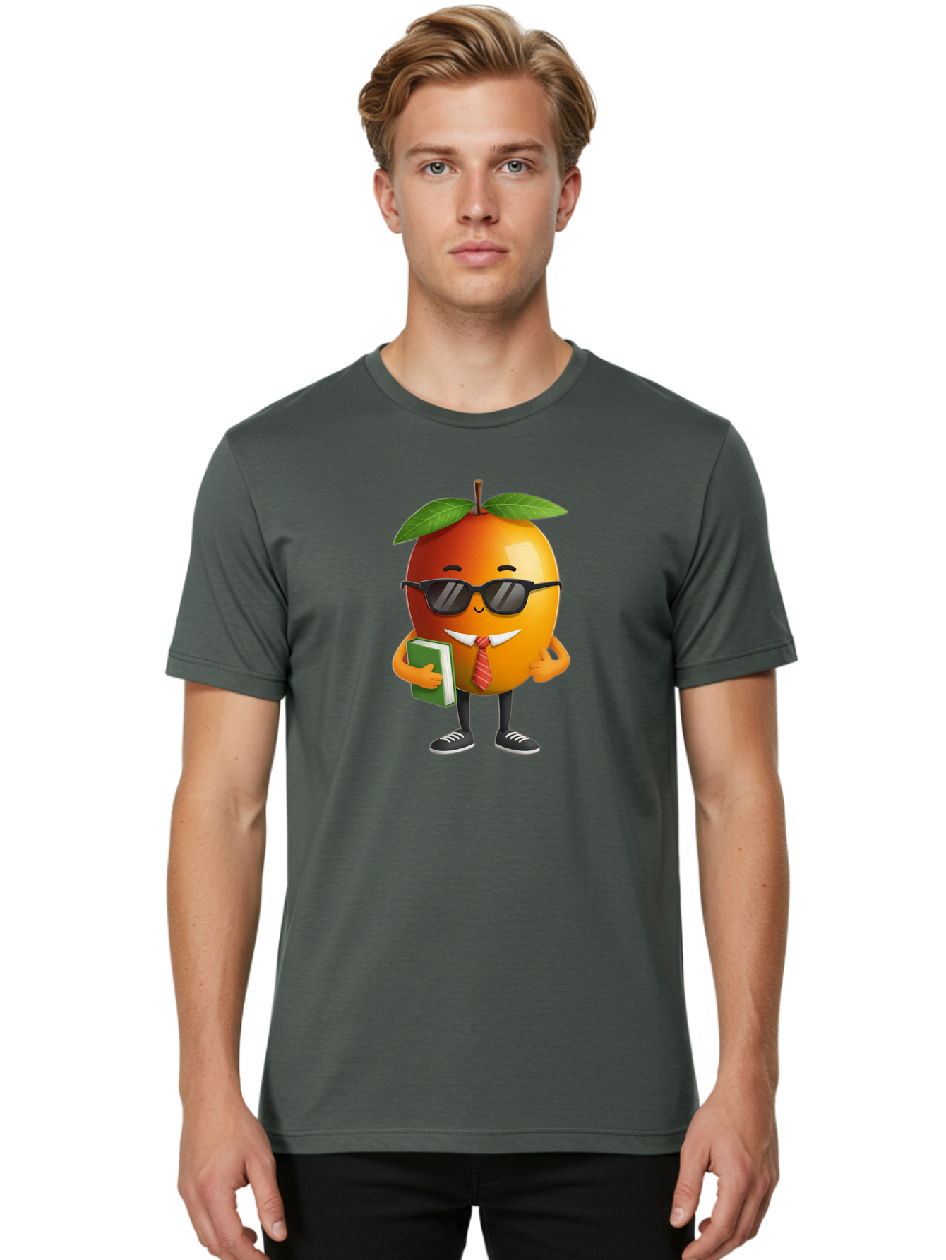 Cool-Orange Men'S Graphic Tee, 100% Cotton, Comfortable Casual Summer Wear, Machine Washable, Cartoon Orange, Sunglasses, Red Tie, Green Book, Black Shoes, Funny Character, Citrus Fruit, Happy Face, Vibrant Orange, Playful Illustration, Bab817