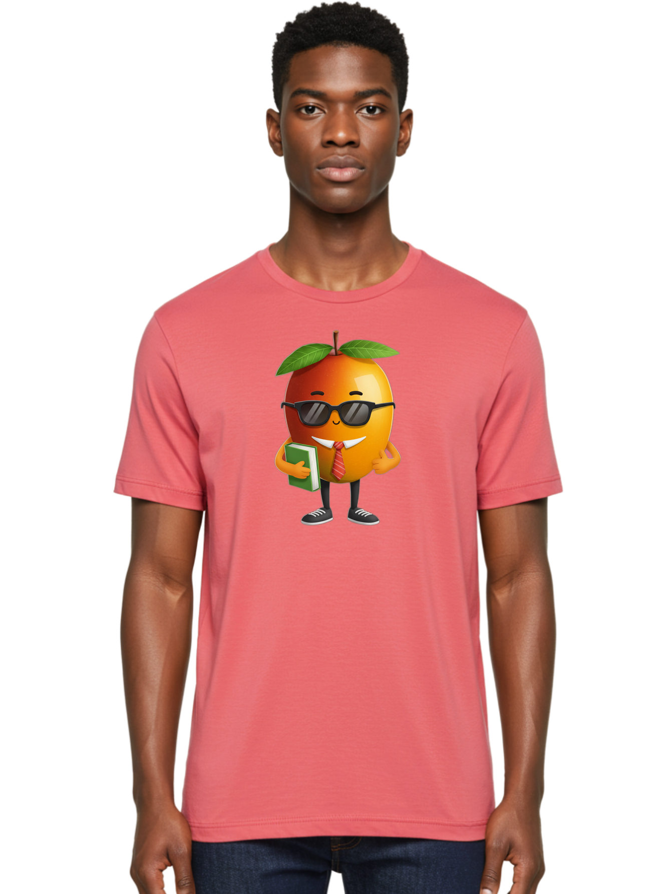 Cool-Orange Men'S Graphic Tee, 100% Cotton, Comfortable Casual Summer Wear, Machine Washable, Cartoon Orange, Sunglasses, Red Tie, Green Book, Black Shoes, Funny Character, Citrus Fruit, Happy Face, Vibrant Orange, Playful Illustration, Bab817