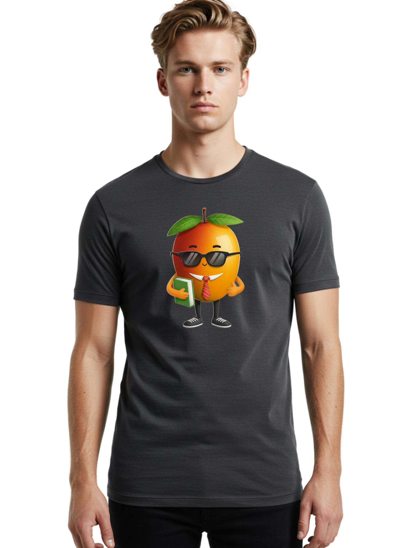 Cool-Orange Men'S Graphic Tee, 100% Cotton, Comfortable Casual Summer Wear, Machine Washable, Cartoon Orange, Sunglasses, Red Tie, Green Book, Black Shoes, Funny Character, Citrus Fruit, Happy Face, Vibrant Orange, Playful Illustration, Bab817