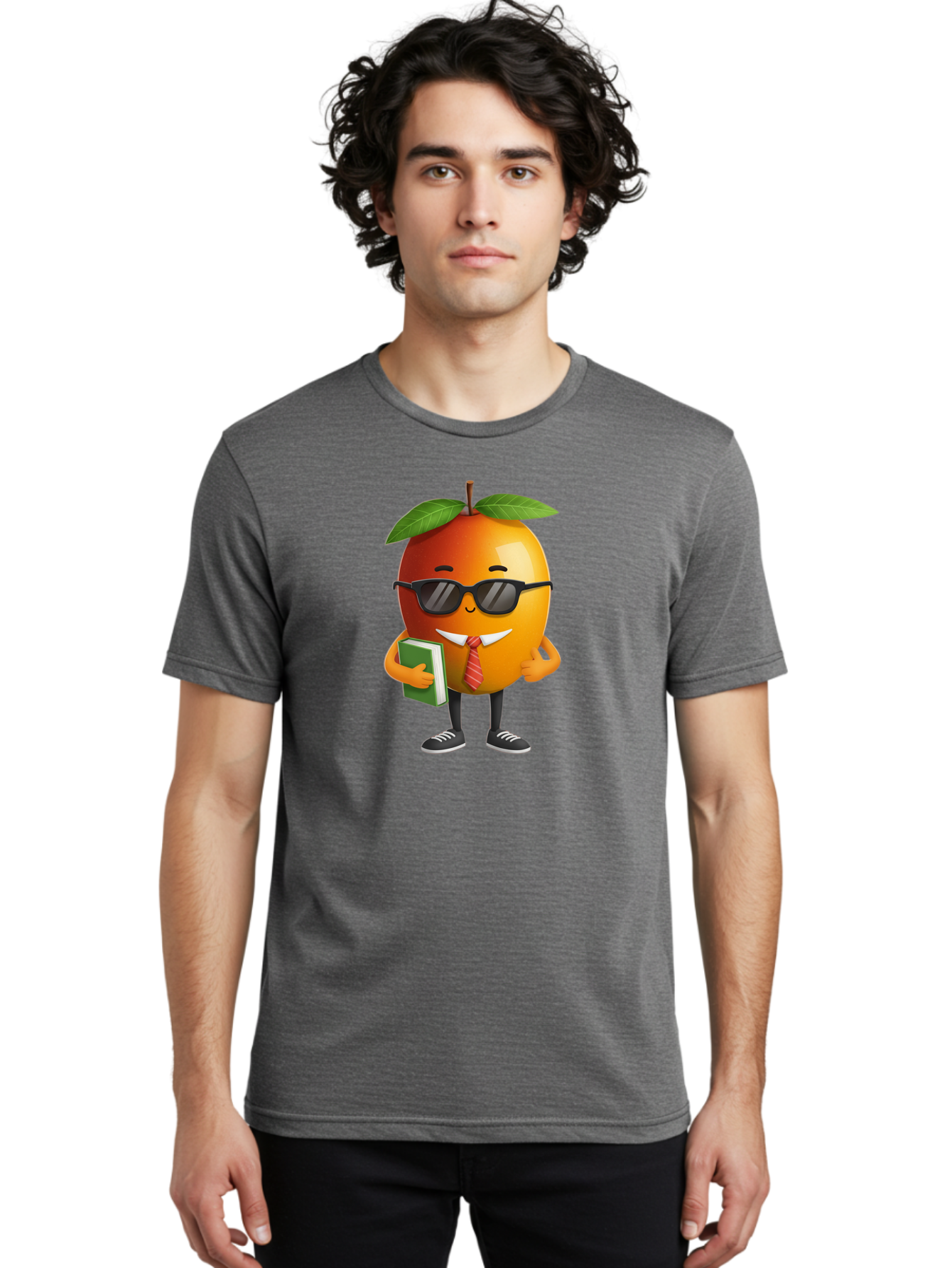 Cool-Orange Men'S Graphic Tee, 100% Cotton, Comfortable Casual Summer Wear, Machine Washable, Cartoon Orange, Sunglasses, Red Tie, Green Book, Black Shoes, Funny Character, Citrus Fruit, Happy Face, Vibrant Orange, Playful Illustration, Bab817