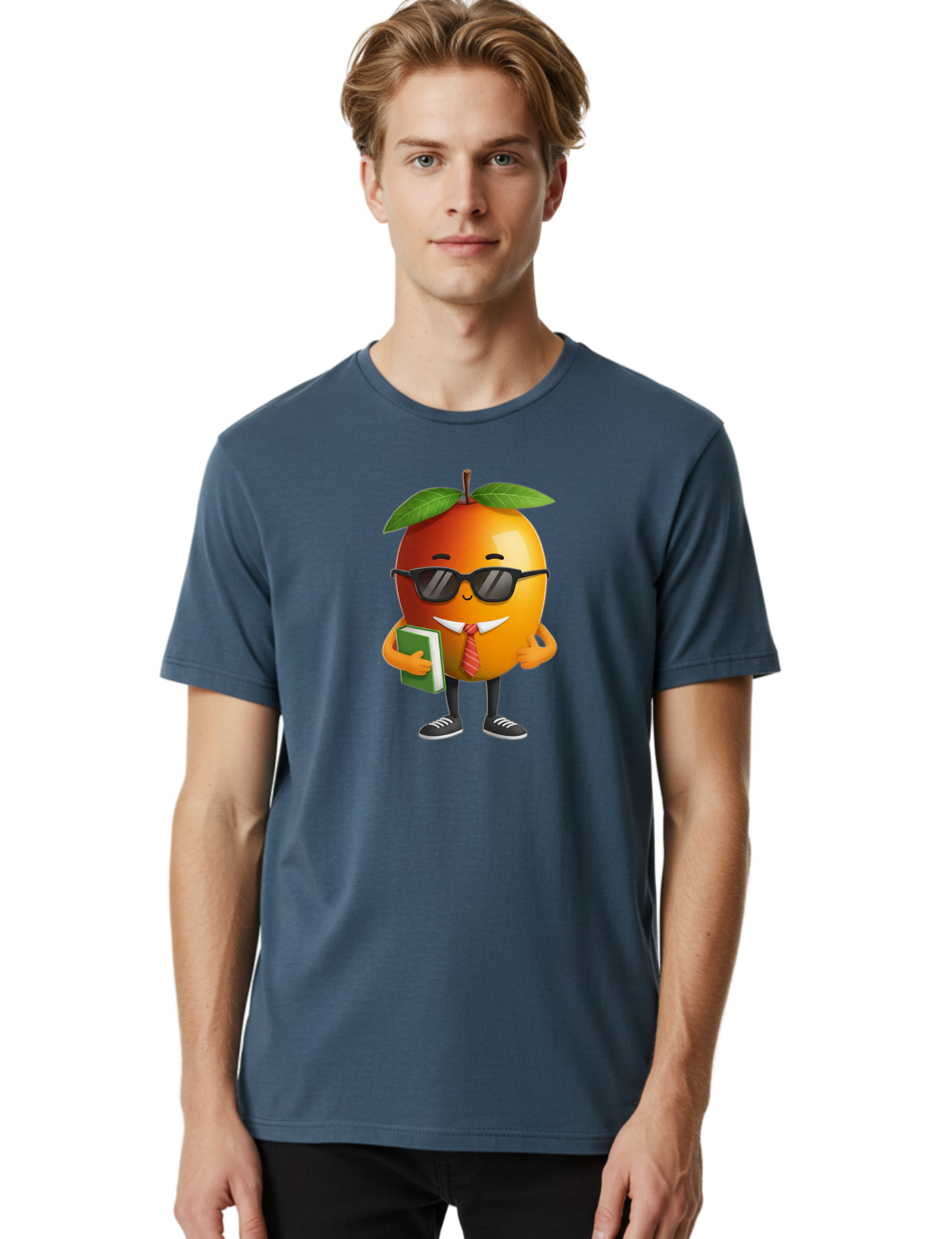 Cool-Orange Men'S Graphic Tee, 100% Cotton, Comfortable Casual Summer Wear, Machine Washable, Cartoon Orange, Sunglasses, Red Tie, Green Book, Black Shoes, Funny Character, Citrus Fruit, Happy Face, Vibrant Orange, Playful Illustration, Bab817