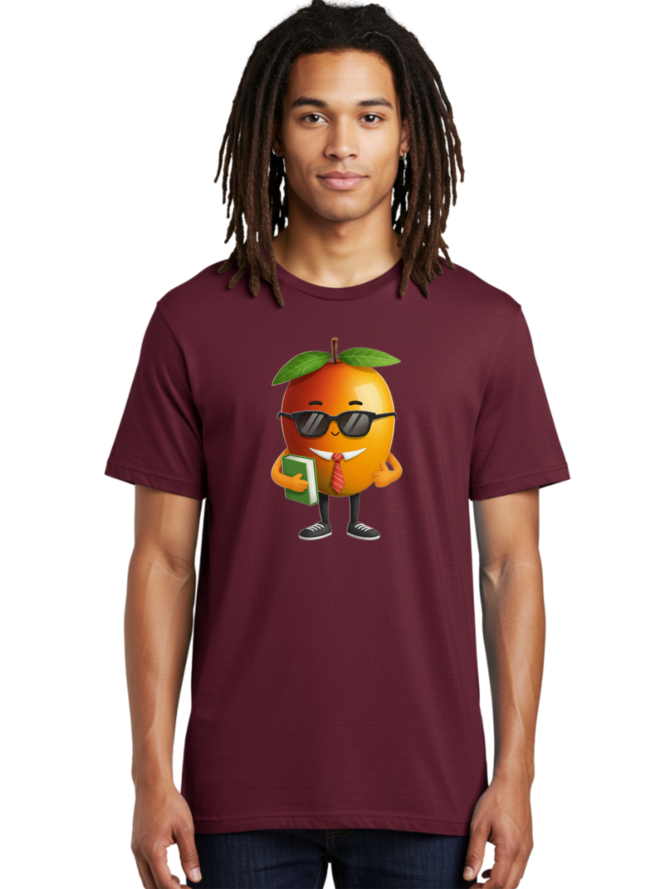 Cool-Orange Men'S Graphic Tee, 100% Cotton, Comfortable Casual Summer Wear, Machine Washable, Cartoon Orange, Sunglasses, Red Tie, Green Book, Black Shoes, Funny Character, Citrus Fruit, Happy Face, Vibrant Orange, Playful Illustration, Bab817