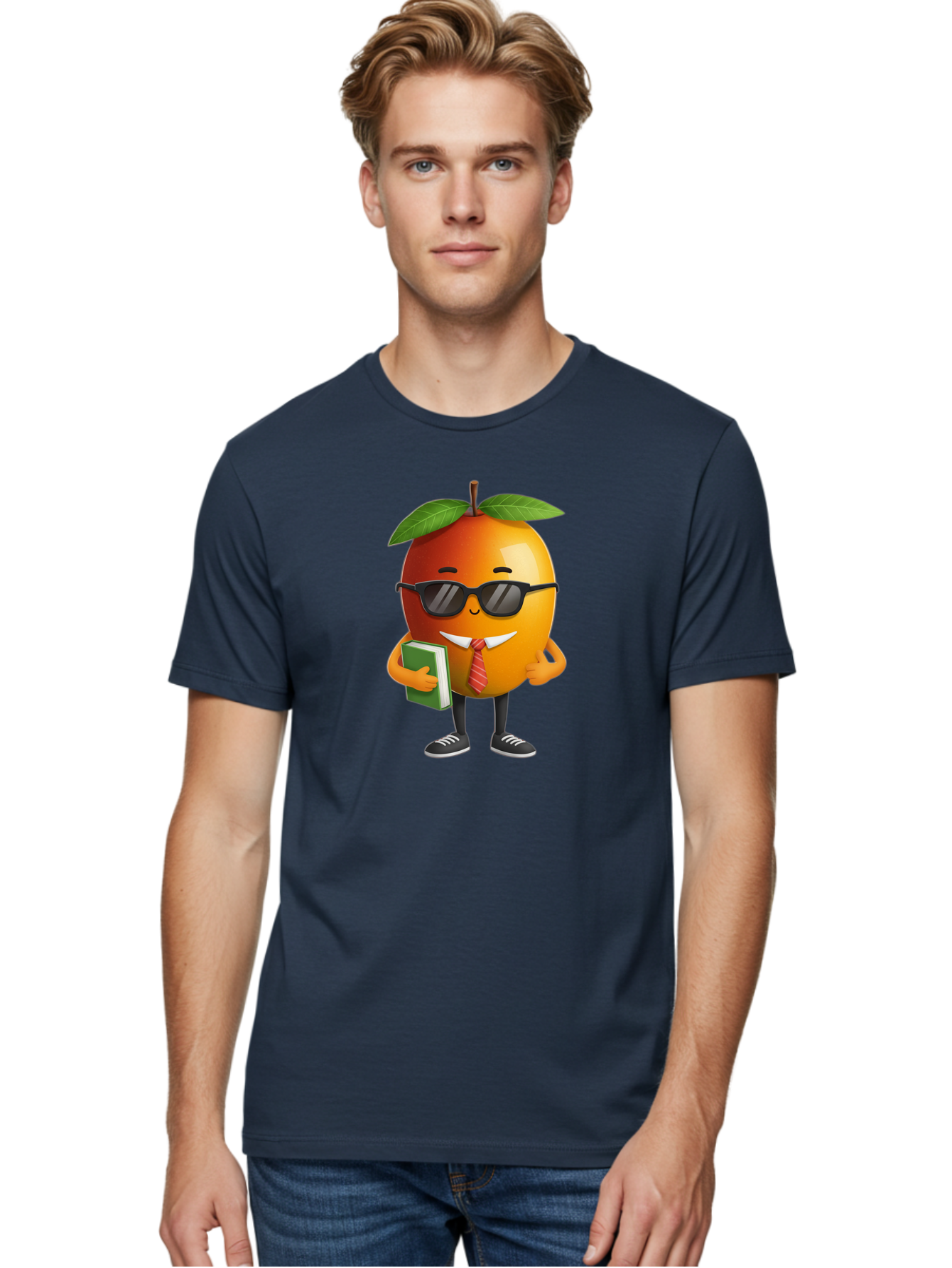 Cool-Orange Men'S Graphic Tee, 100% Cotton, Comfortable Casual Summer Wear, Machine Washable, Cartoon Orange, Sunglasses, Red Tie, Green Book, Black Shoes, Funny Character, Citrus Fruit, Happy Face, Vibrant Orange, Playful Illustration, Bab817