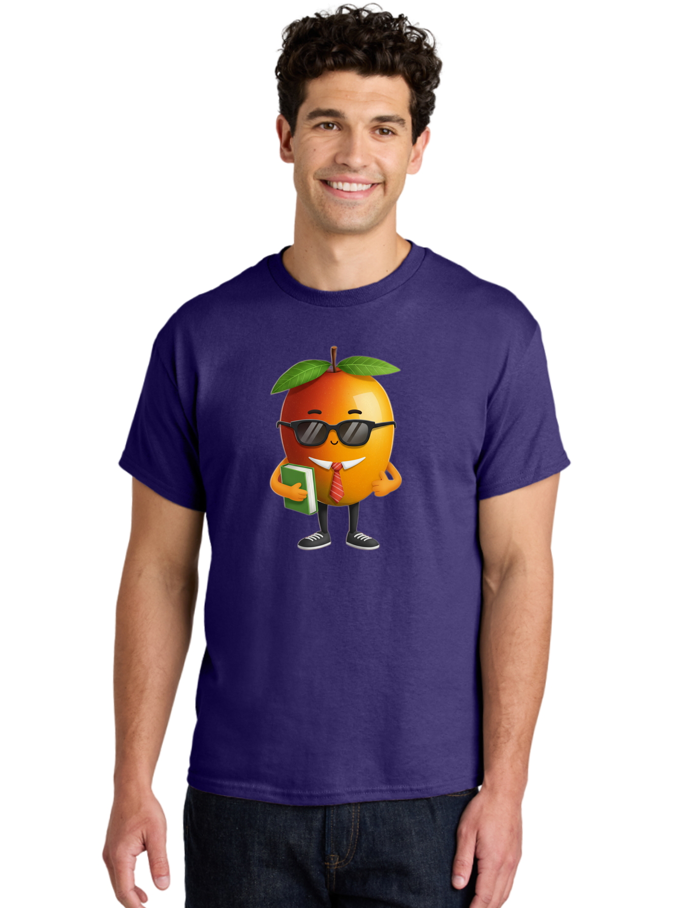 Cool-Orange Men'S Graphic Tee, 100% Cotton, Comfortable Casual Summer Wear, Machine Washable, Cartoon Orange, Sunglasses, Red Tie, Green Book, Black Shoes, Funny Character, Citrus Fruit, Happy Face, Vibrant Orange, Playful Illustration, Bab817