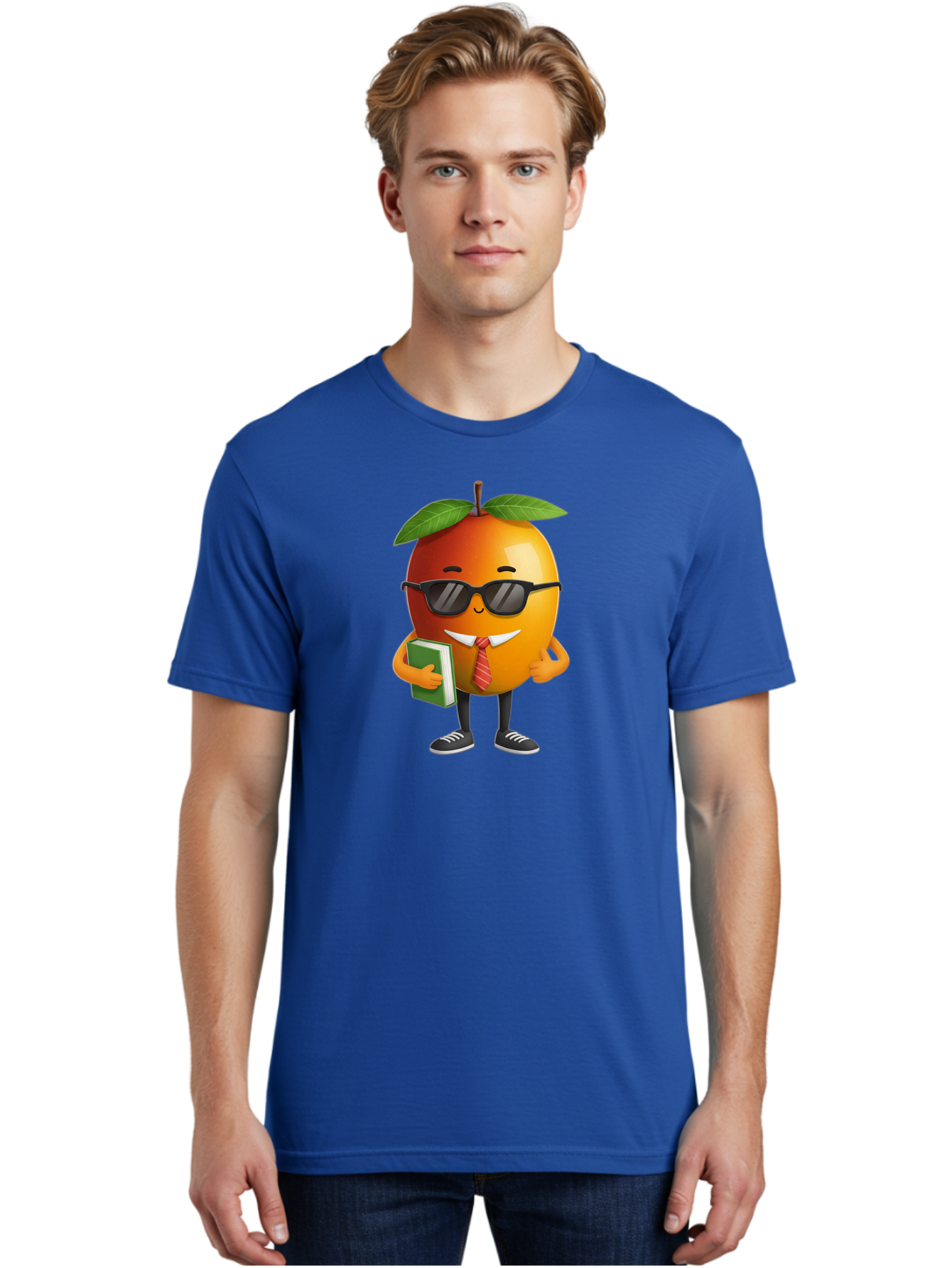 Cool-Orange Men'S Graphic Tee, 100% Cotton, Comfortable Casual Summer Wear, Machine Washable, Cartoon Orange, Sunglasses, Red Tie, Green Book, Black Shoes, Funny Character, Citrus Fruit, Happy Face, Vibrant Orange, Playful Illustration, Bab817