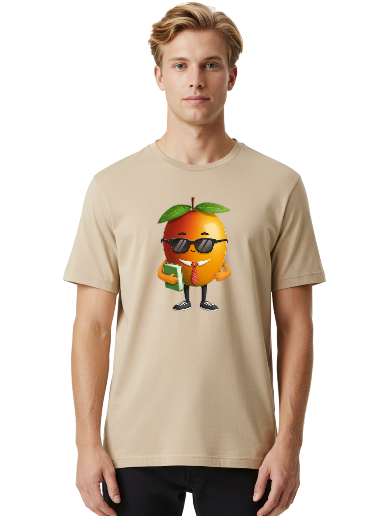 Cool-Orange Men'S Graphic Tee, 100% Cotton, Comfortable Casual Summer Wear, Machine Washable, Cartoon Orange, Sunglasses, Red Tie, Green Book, Black Shoes, Funny Character, Citrus Fruit, Happy Face, Vibrant Orange, Playful Illustration, Bab817