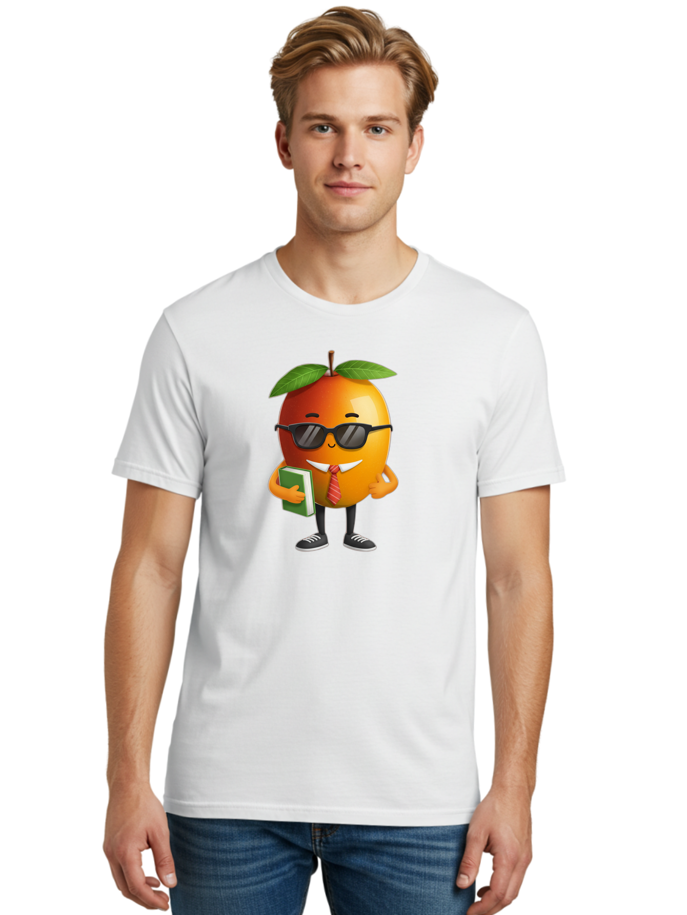 Cool-Orange Men'S Graphic Tee, 100% Cotton, Comfortable Casual Summer Wear, Machine Washable, Cartoon Orange, Sunglasses, Red Tie, Green Book, Black Shoes, Funny Character, Citrus Fruit, Happy Face, Vibrant Orange, Playful Illustration, Bab817