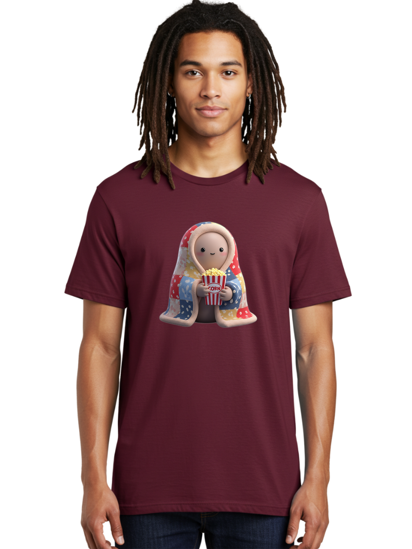 Corn Men'S Graphic Tee, 100% Cotton, Comfortable Casual Summer Wear, Machine Washable, Cartoon Character, Cozy Blanket, Popcorn Bucket, Red And White Stripes, Smiling Face, Cute Illustration, Snack Time, Movie Night, Cozy Atmosphere, Bab819