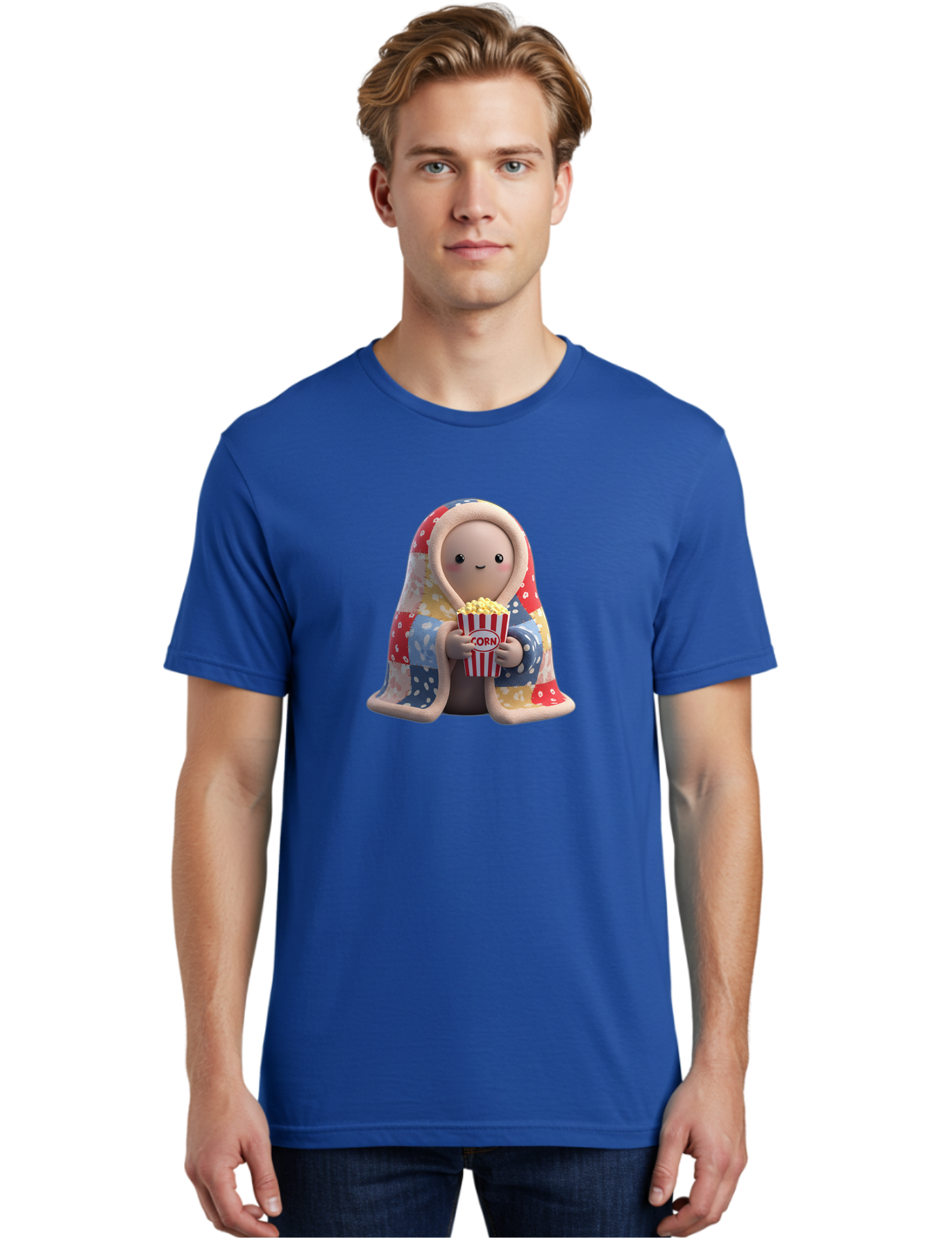 Corn Men'S Graphic Tee, 100% Cotton, Comfortable Casual Summer Wear, Machine Washable, Cartoon Character, Cozy Blanket, Popcorn Bucket, Red And White Stripes, Smiling Face, Cute Illustration, Snack Time, Movie Night, Cozy Atmosphere, Bab819