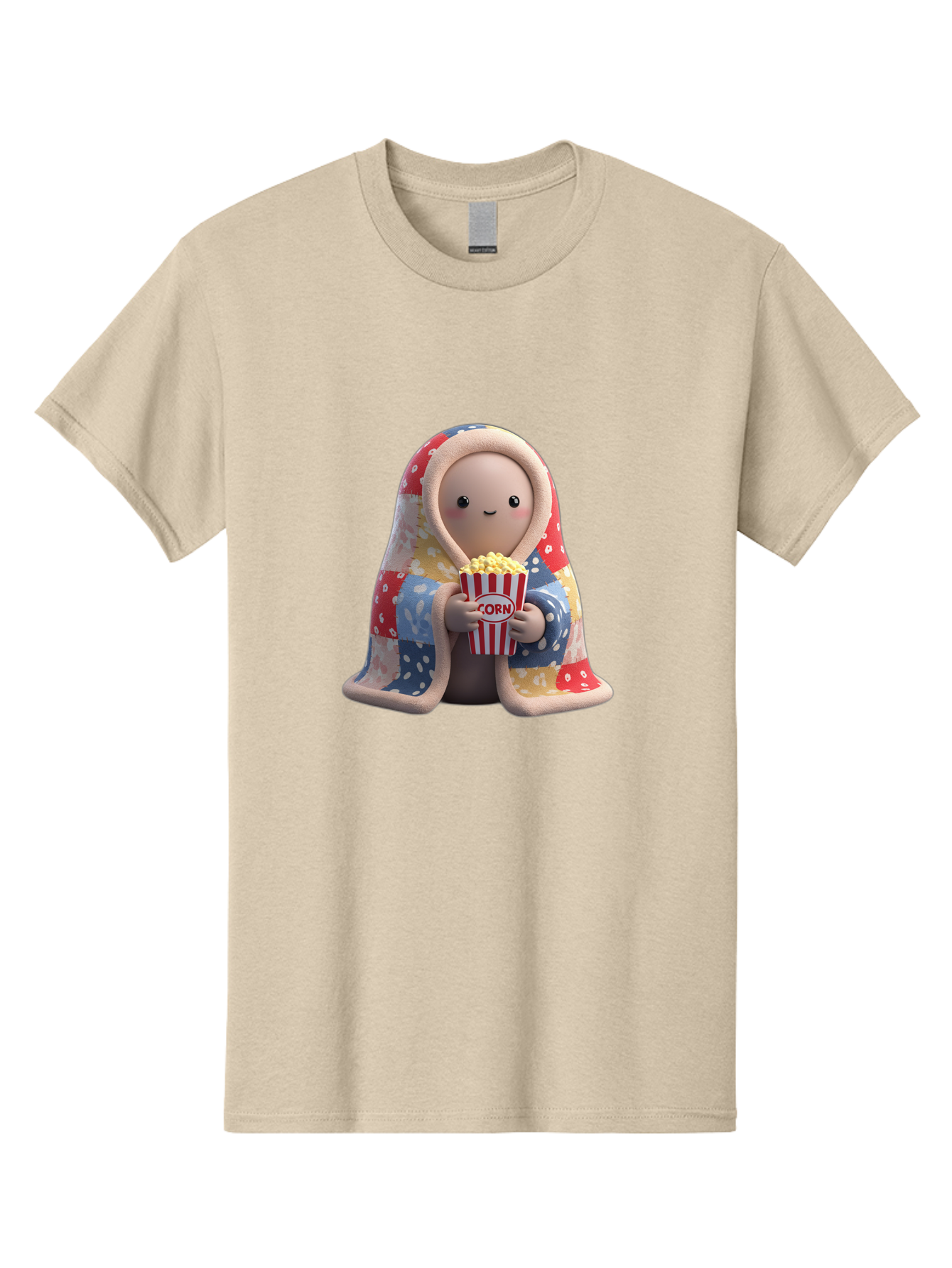Corn Men'S Graphic Tee, 100% Cotton, Comfortable Casual Summer Wear, Machine Washable, Cartoon Character, Cozy Blanket, Popcorn Bucket, Red And White Stripes, Smiling Face, Cute Illustration, Snack Time, Movie Night, Cozy Atmosphere, Bab819