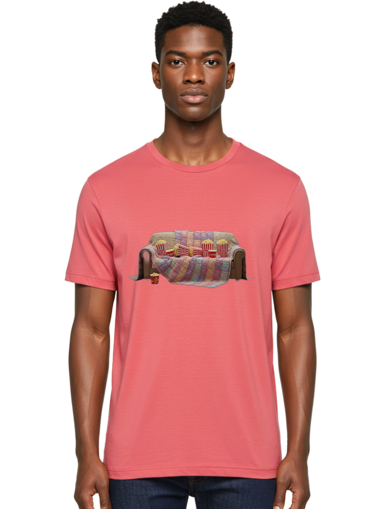 Couch-With-Popcorn-1 Men'S Graphic Tee, 100% Cotton, Comfortable Casual Summer Wear, Machine Washable, Couch With Popcorn, Movie Night Setup, Cozy Atmosphere, Snack Time, Red And White Striped Popcorn Boxes, Crochet Blanket, Home Entertainment Bab820