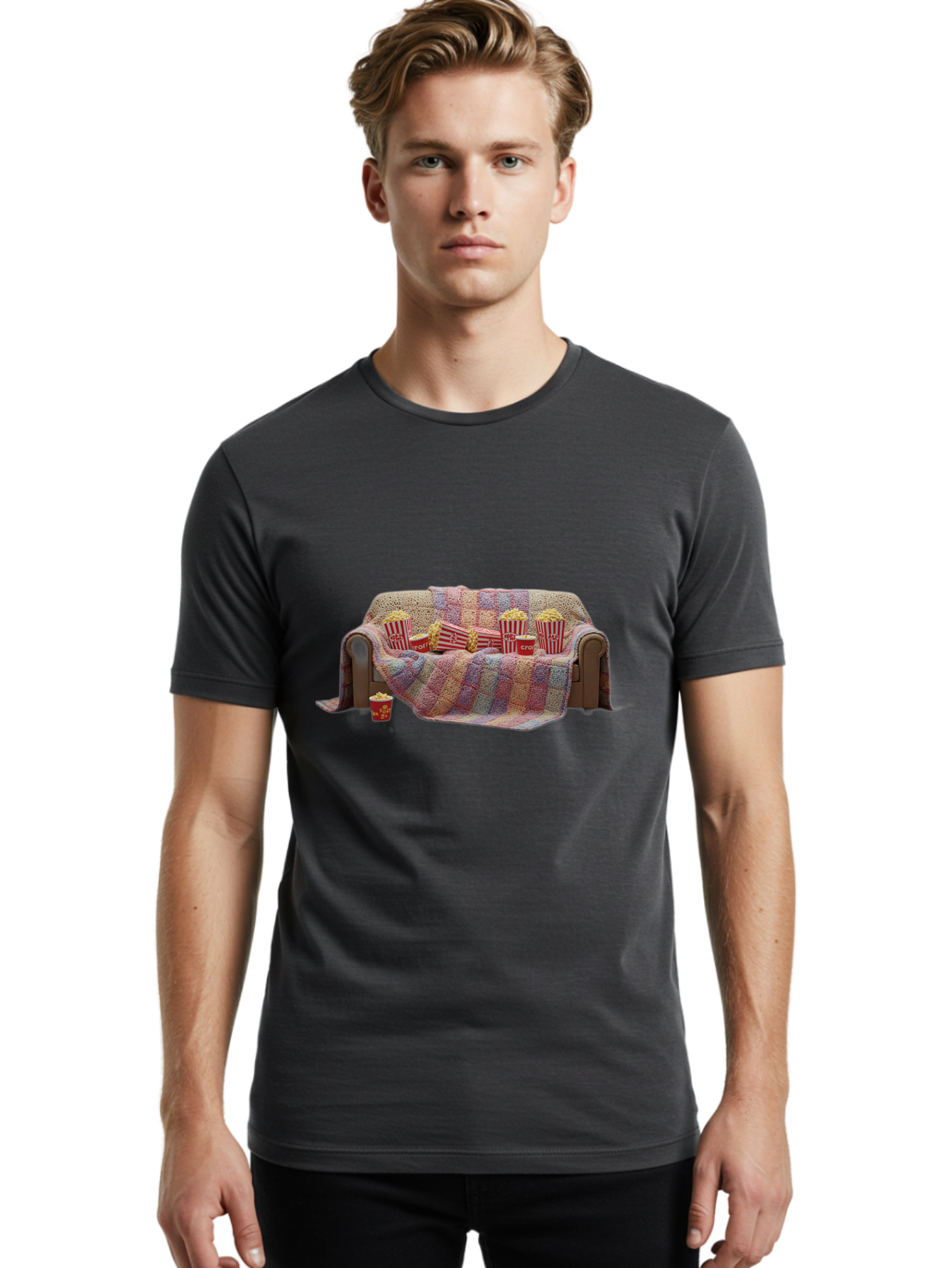 Couch-With-Popcorn-1 Men'S Graphic Tee, 100% Cotton, Comfortable Casual Summer Wear, Machine Washable, Couch With Popcorn, Movie Night Setup, Cozy Atmosphere, Snack Time, Red And White Striped Popcorn Boxes, Crochet Blanket, Home Entertainment Bab820