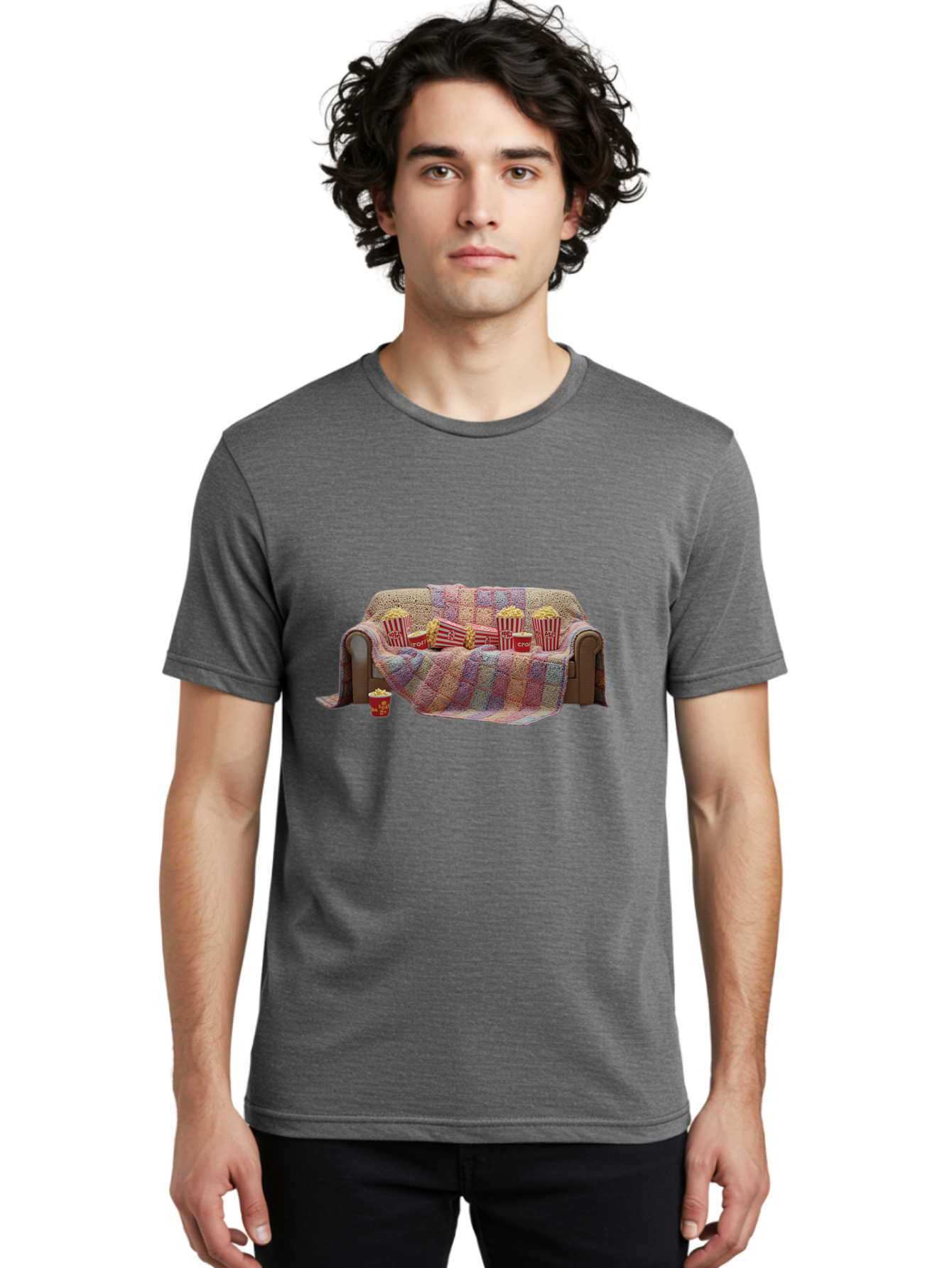 Couch-With-Popcorn-1 Men'S Graphic Tee, 100% Cotton, Comfortable Casual Summer Wear, Machine Washable, Couch With Popcorn, Movie Night Setup, Cozy Atmosphere, Snack Time, Red And White Striped Popcorn Boxes, Crochet Blanket, Home Entertainment Bab820
