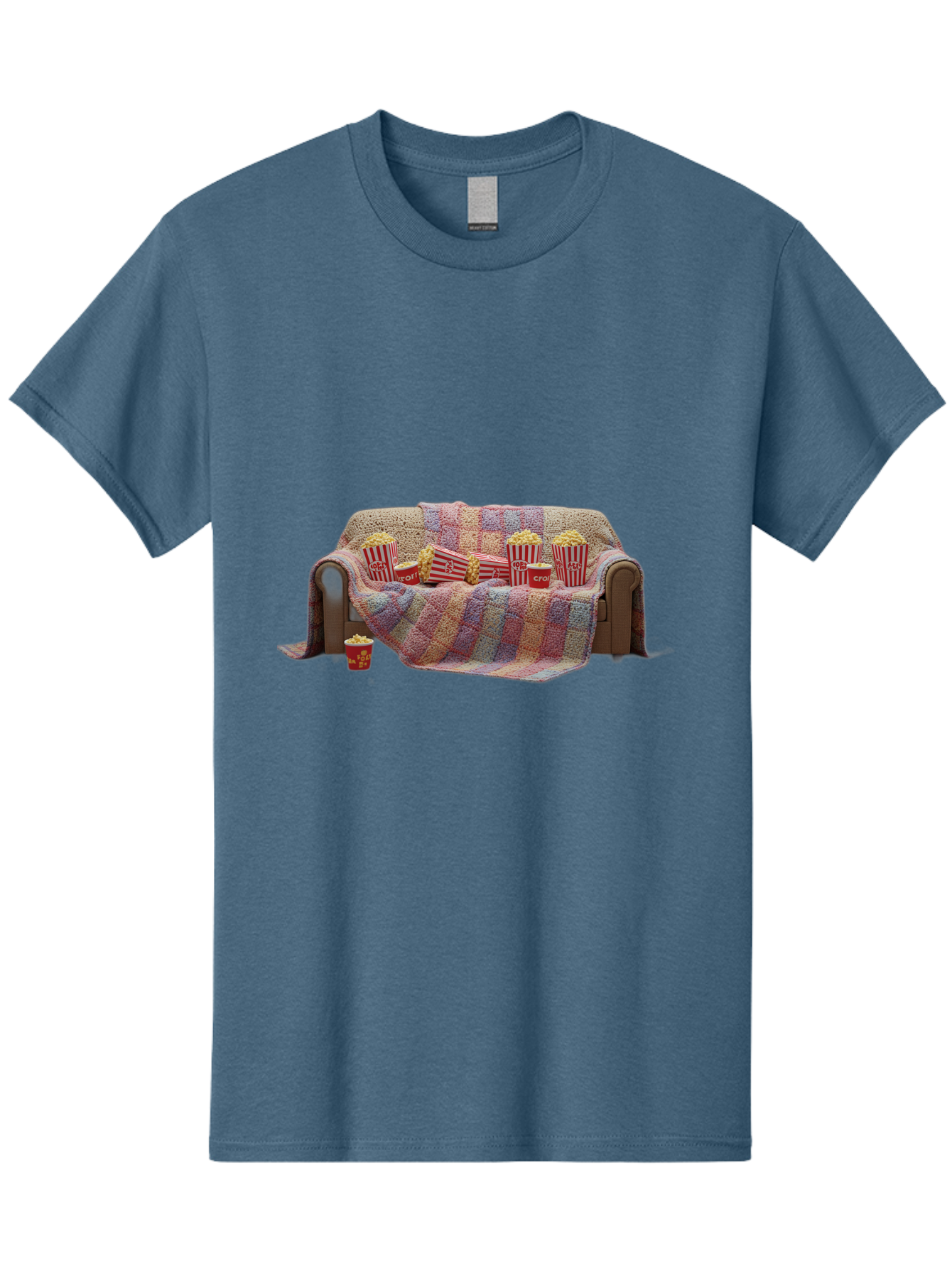 Couch-With-Popcorn-1 Men'S Graphic Tee, 100% Cotton, Comfortable Casual Summer Wear, Machine Washable, Couch With Popcorn, Movie Night Setup, Cozy Atmosphere, Snack Time, Red And White Striped Popcorn Boxes, Crochet Blanket, Home Entertainment Bab820
