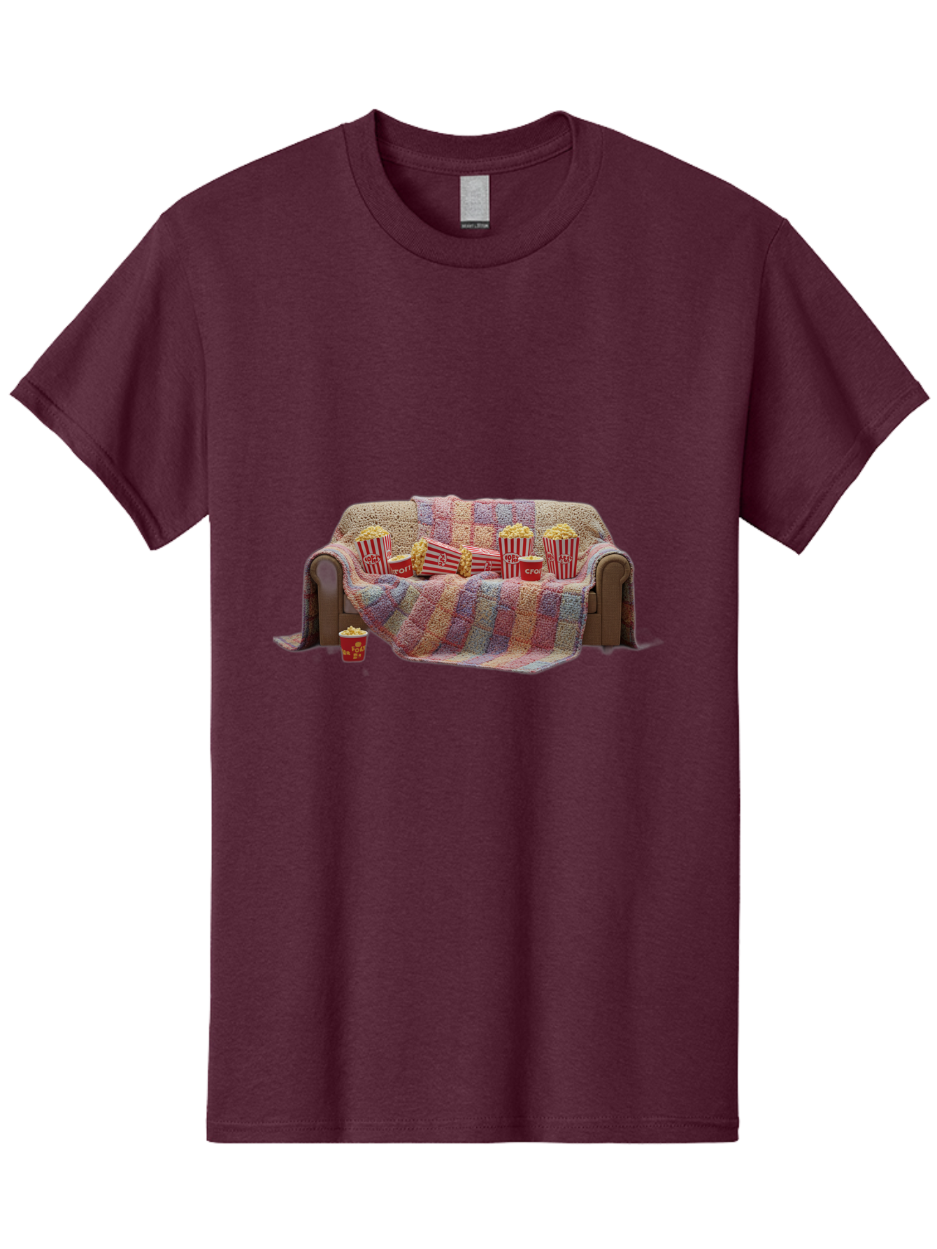 Couch-With-Popcorn-1 Men'S Graphic Tee, 100% Cotton, Comfortable Casual Summer Wear, Machine Washable, Couch With Popcorn, Movie Night Setup, Cozy Atmosphere, Snack Time, Red And White Striped Popcorn Boxes, Crochet Blanket, Home Entertainment Bab820