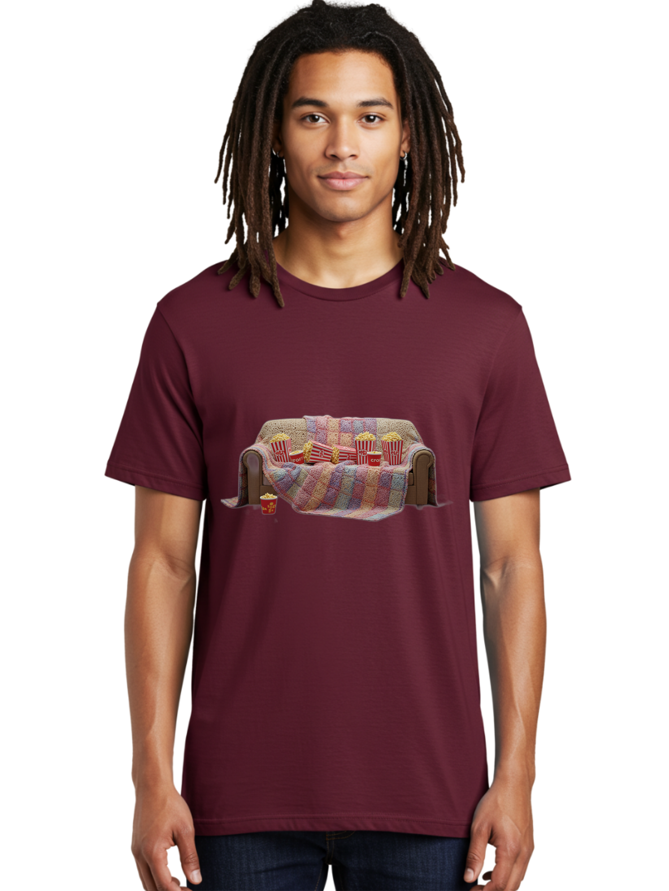 Couch-With-Popcorn-1 Men'S Graphic Tee, 100% Cotton, Comfortable Casual Summer Wear, Machine Washable, Couch With Popcorn, Movie Night Setup, Cozy Atmosphere, Snack Time, Red And White Striped Popcorn Boxes, Crochet Blanket, Home Entertainment Bab820