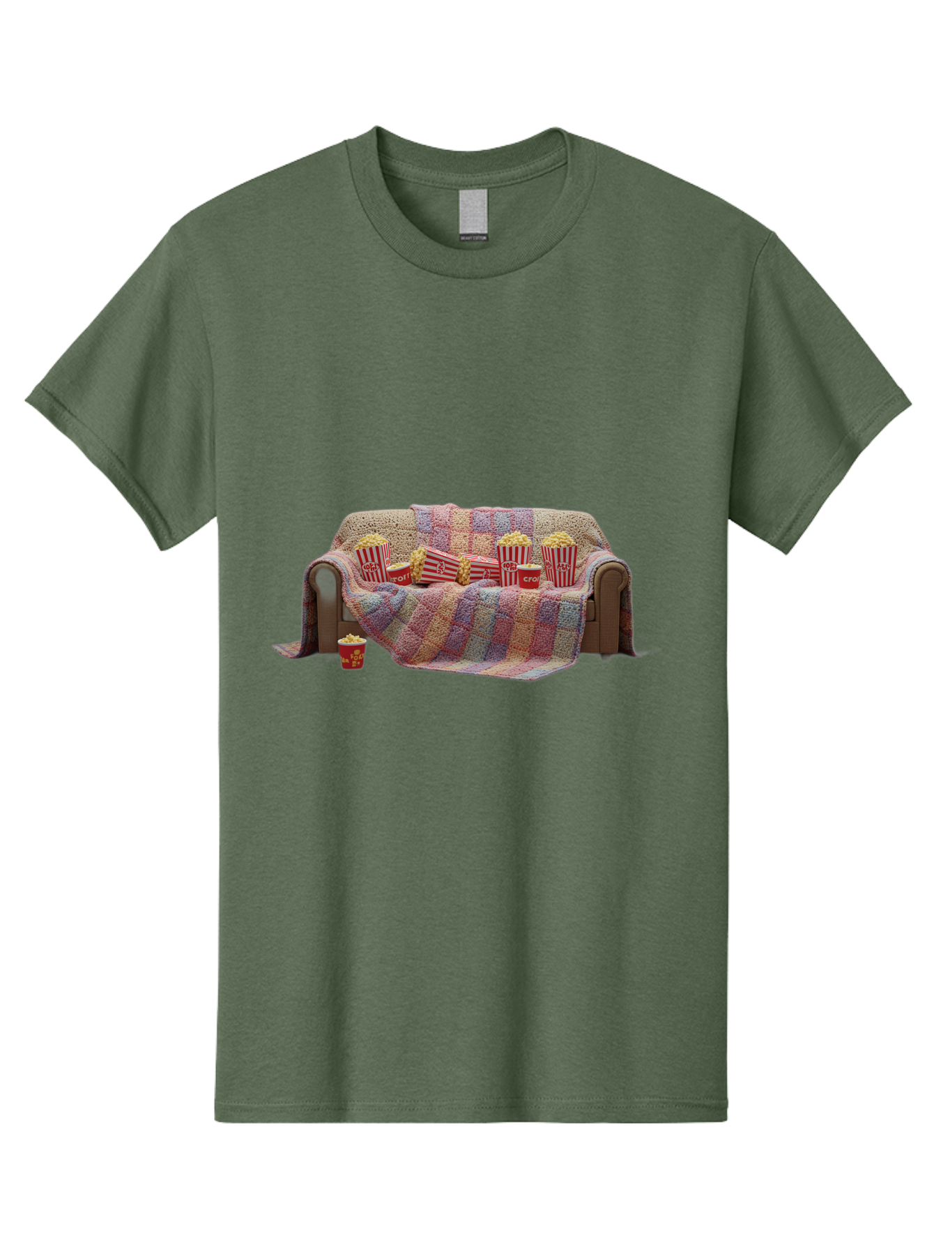 Couch-With-Popcorn-1 Men'S Graphic Tee, 100% Cotton, Comfortable Casual Summer Wear, Machine Washable, Couch With Popcorn, Movie Night Setup, Cozy Atmosphere, Snack Time, Red And White Striped Popcorn Boxes, Crochet Blanket, Home Entertainment Bab820