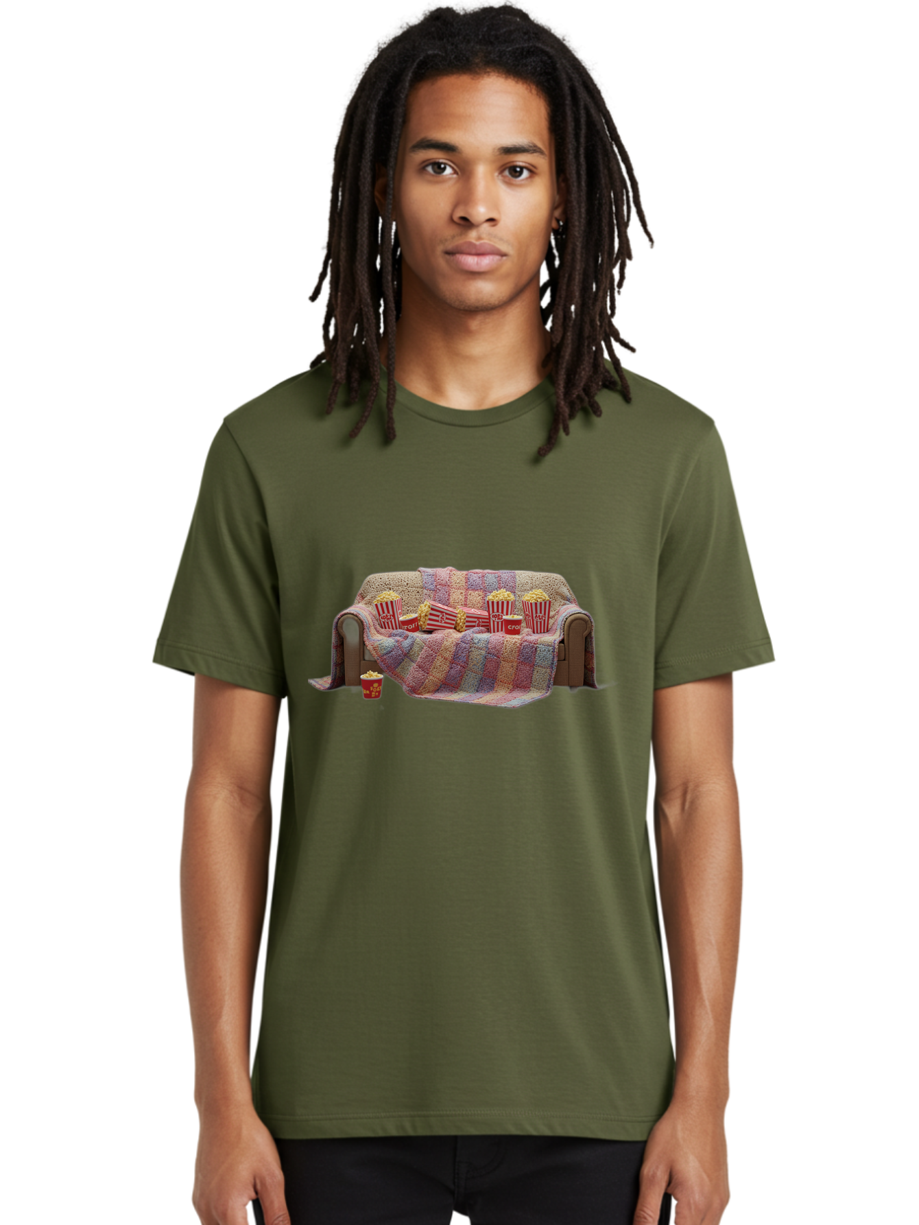 Couch-With-Popcorn-1 Men'S Graphic Tee, 100% Cotton, Comfortable Casual Summer Wear, Machine Washable, Couch With Popcorn, Movie Night Setup, Cozy Atmosphere, Snack Time, Red And White Striped Popcorn Boxes, Crochet Blanket, Home Entertainment Bab820