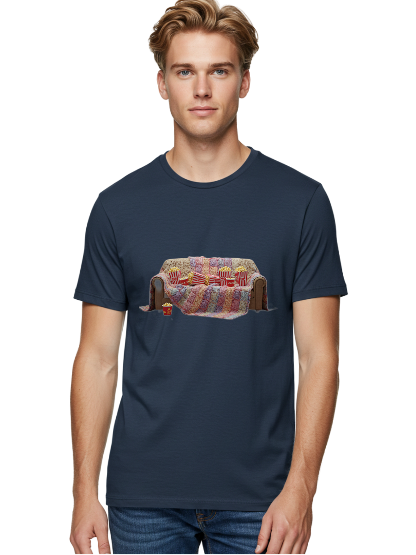 Couch-With-Popcorn-1 Men'S Graphic Tee, 100% Cotton, Comfortable Casual Summer Wear, Machine Washable, Couch With Popcorn, Movie Night Setup, Cozy Atmosphere, Snack Time, Red And White Striped Popcorn Boxes, Crochet Blanket, Home Entertainment Bab820