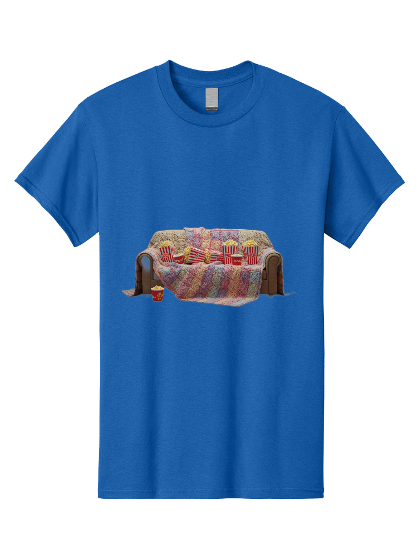 Couch-With-Popcorn-1 Men'S Graphic Tee, 100% Cotton, Comfortable Casual Summer Wear, Machine Washable, Couch With Popcorn, Movie Night Setup, Cozy Atmosphere, Snack Time, Red And White Striped Popcorn Boxes, Crochet Blanket, Home Entertainment Bab820