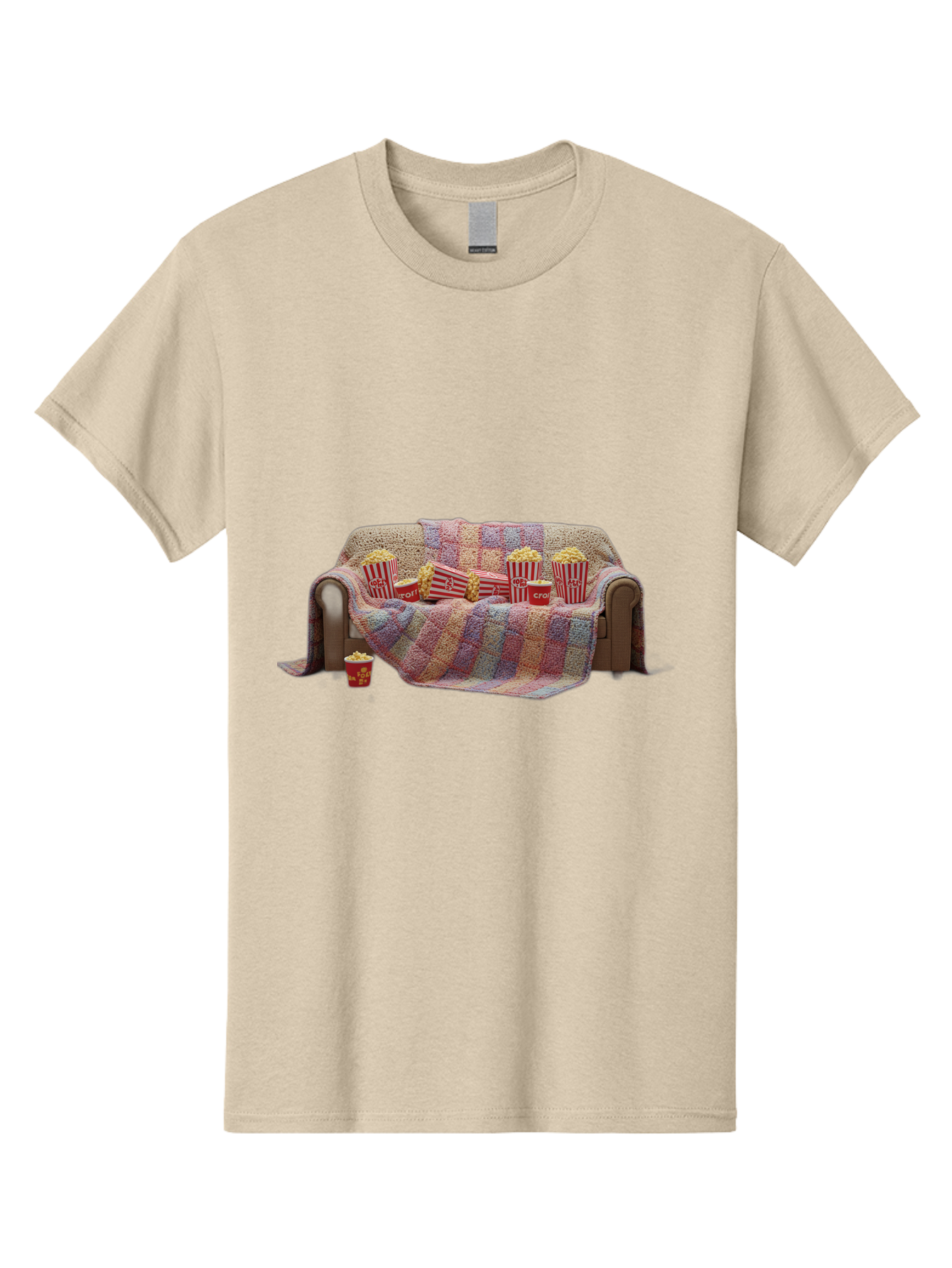 Couch-With-Popcorn-1 Men'S Graphic Tee, 100% Cotton, Comfortable Casual Summer Wear, Machine Washable, Couch With Popcorn, Movie Night Setup, Cozy Atmosphere, Snack Time, Red And White Striped Popcorn Boxes, Crochet Blanket, Home Entertainment Bab820