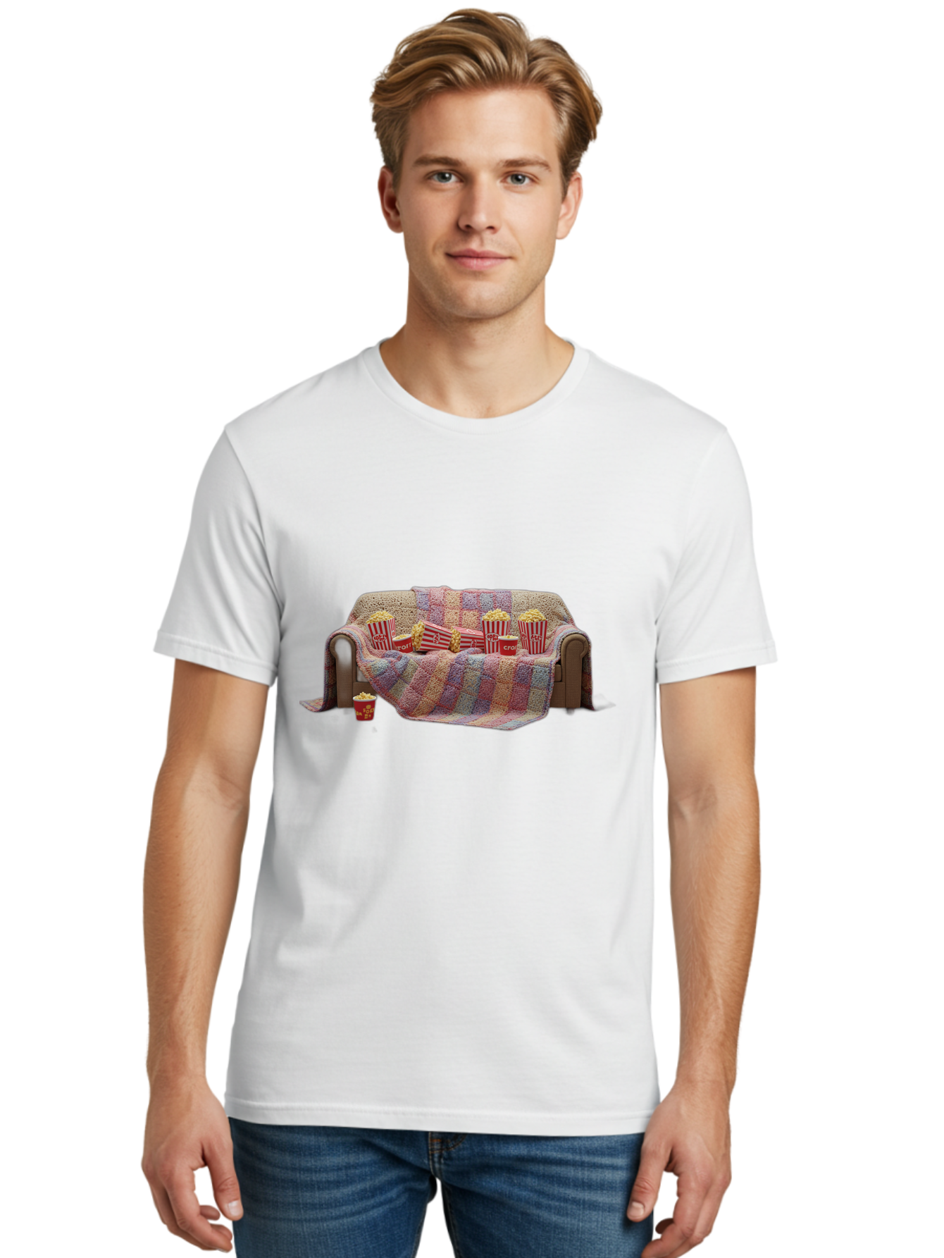 Couch-With-Popcorn-1 Men'S Graphic Tee, 100% Cotton, Comfortable Casual Summer Wear, Machine Washable, Couch With Popcorn, Movie Night Setup, Cozy Atmosphere, Snack Time, Red And White Striped Popcorn Boxes, Crochet Blanket, Home Entertainment Bab820