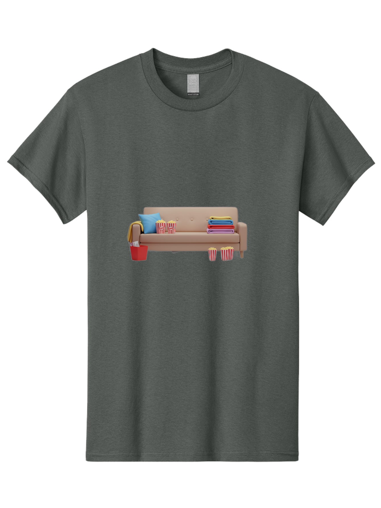 Couch-With-Popcorn Men'S Graphic Tee, 100% Cotton, Comfortable Casual Summer Wear, Machine Washable, Movie Night Setup, Cozy Home Decor, Comfortable Seating, Snacks, Popcorn Buckets, Blankets, Cozy Atmosphere, Living Room, Relaxation, Bab821