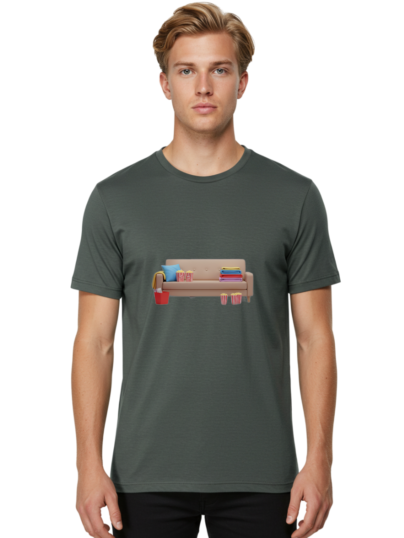 Couch-With-Popcorn Men'S Graphic Tee, 100% Cotton, Comfortable Casual Summer Wear, Machine Washable, Movie Night Setup, Cozy Home Decor, Comfortable Seating, Snacks, Popcorn Buckets, Blankets, Cozy Atmosphere, Living Room, Relaxation, Bab821