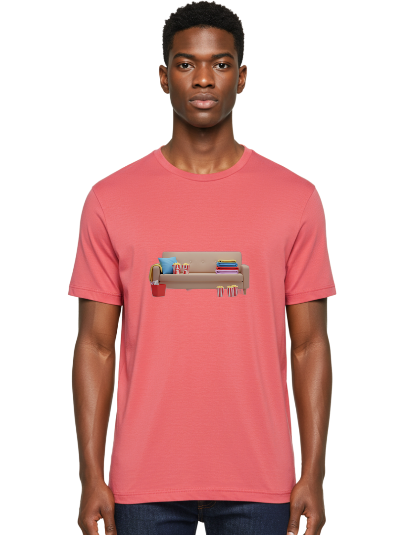 Couch-With-Popcorn Men'S Graphic Tee, 100% Cotton, Comfortable Casual Summer Wear, Machine Washable, Movie Night Setup, Cozy Home Decor, Comfortable Seating, Snacks, Popcorn Buckets, Blankets, Cozy Atmosphere, Living Room, Relaxation, Bab821