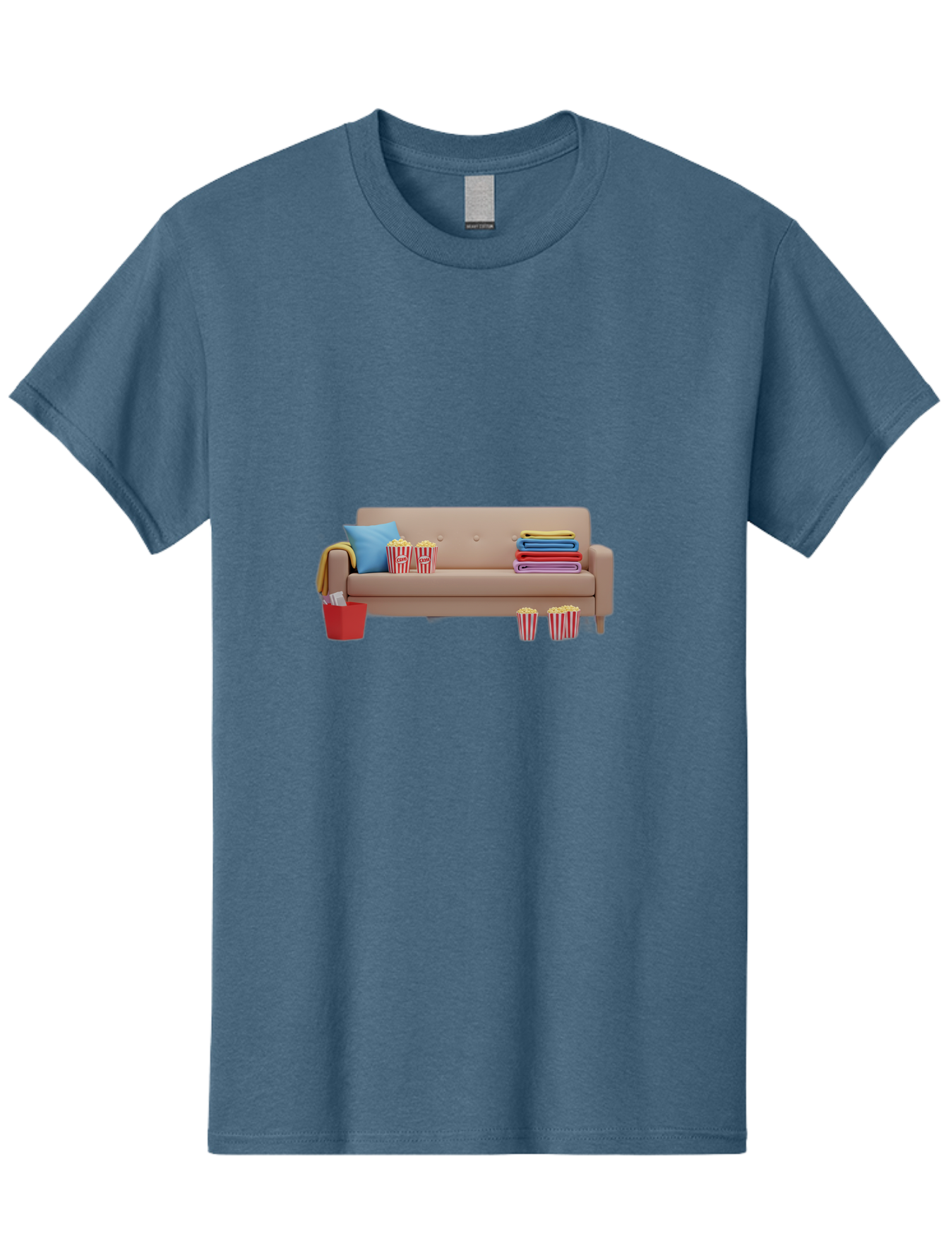 Couch-With-Popcorn Men'S Graphic Tee, 100% Cotton, Comfortable Casual Summer Wear, Machine Washable, Movie Night Setup, Cozy Home Decor, Comfortable Seating, Snacks, Popcorn Buckets, Blankets, Cozy Atmosphere, Living Room, Relaxation, Bab821