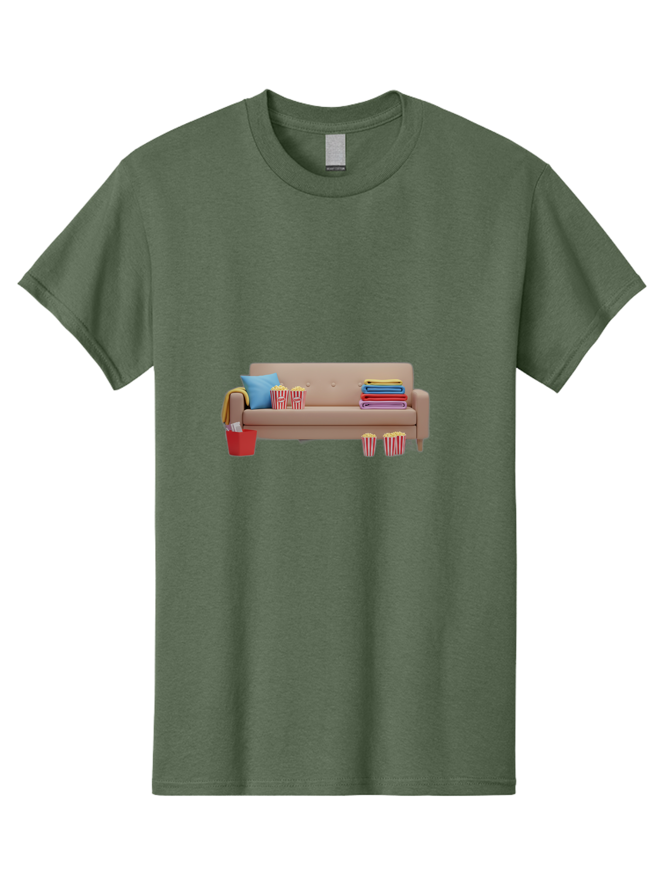 Couch-With-Popcorn Men'S Graphic Tee, 100% Cotton, Comfortable Casual Summer Wear, Machine Washable, Movie Night Setup, Cozy Home Decor, Comfortable Seating, Snacks, Popcorn Buckets, Blankets, Cozy Atmosphere, Living Room, Relaxation, Bab821