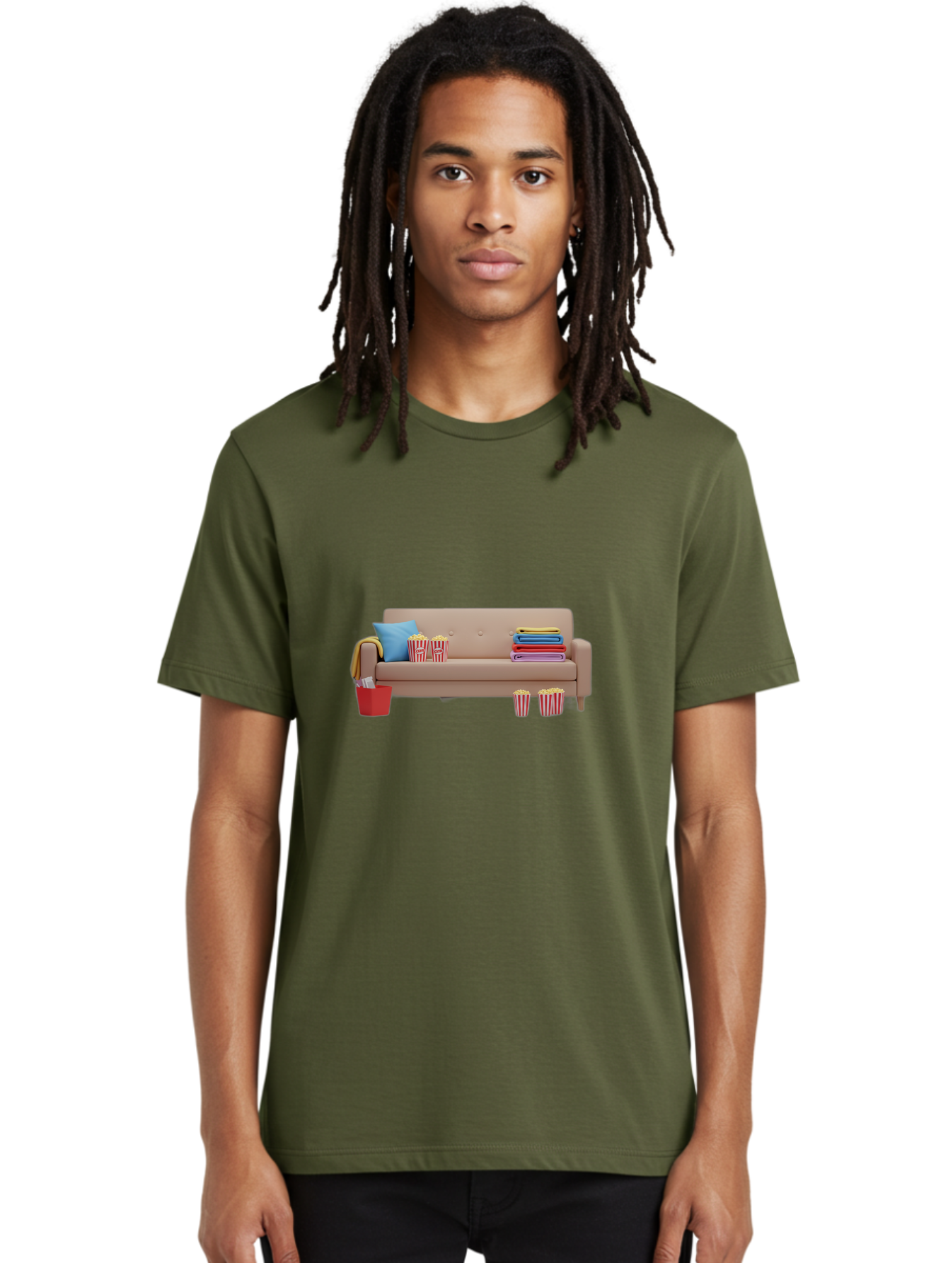 Couch-With-Popcorn Men'S Graphic Tee, 100% Cotton, Comfortable Casual Summer Wear, Machine Washable, Movie Night Setup, Cozy Home Decor, Comfortable Seating, Snacks, Popcorn Buckets, Blankets, Cozy Atmosphere, Living Room, Relaxation, Bab821
