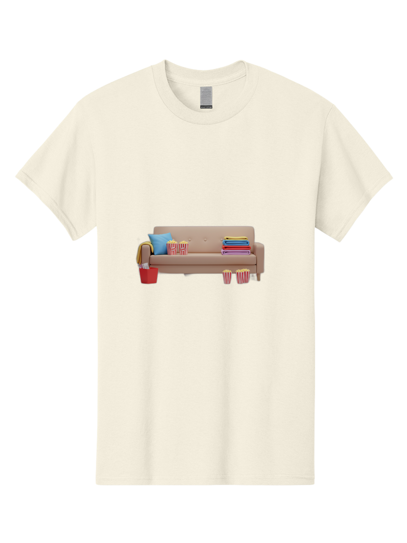 Couch-With-Popcorn Men'S Graphic Tee, 100% Cotton, Comfortable Casual Summer Wear, Machine Washable, Movie Night Setup, Cozy Home Decor, Comfortable Seating, Snacks, Popcorn Buckets, Blankets, Cozy Atmosphere, Living Room, Relaxation, Bab821