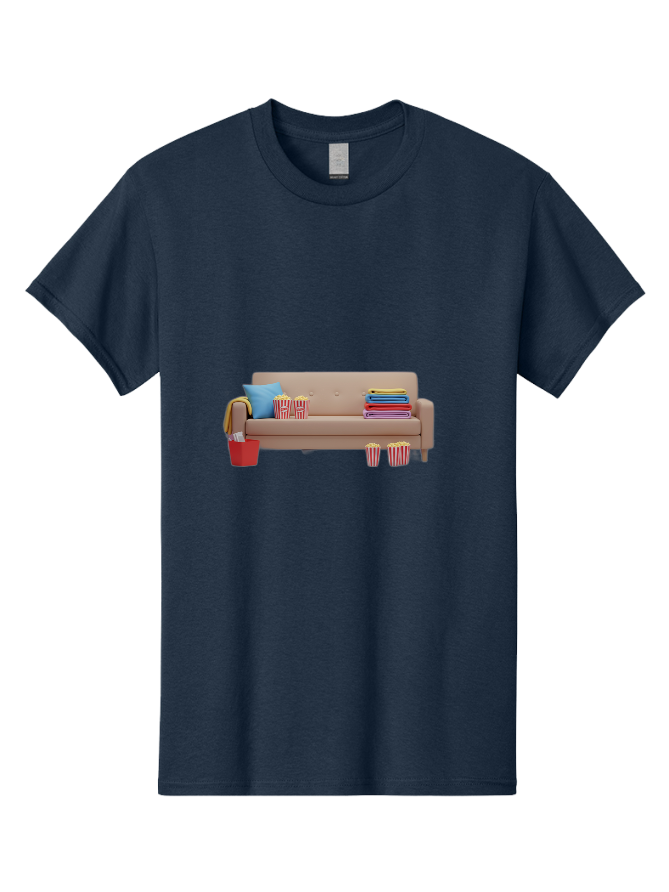 Couch-With-Popcorn Men'S Graphic Tee, 100% Cotton, Comfortable Casual Summer Wear, Machine Washable, Movie Night Setup, Cozy Home Decor, Comfortable Seating, Snacks, Popcorn Buckets, Blankets, Cozy Atmosphere, Living Room, Relaxation, Bab821