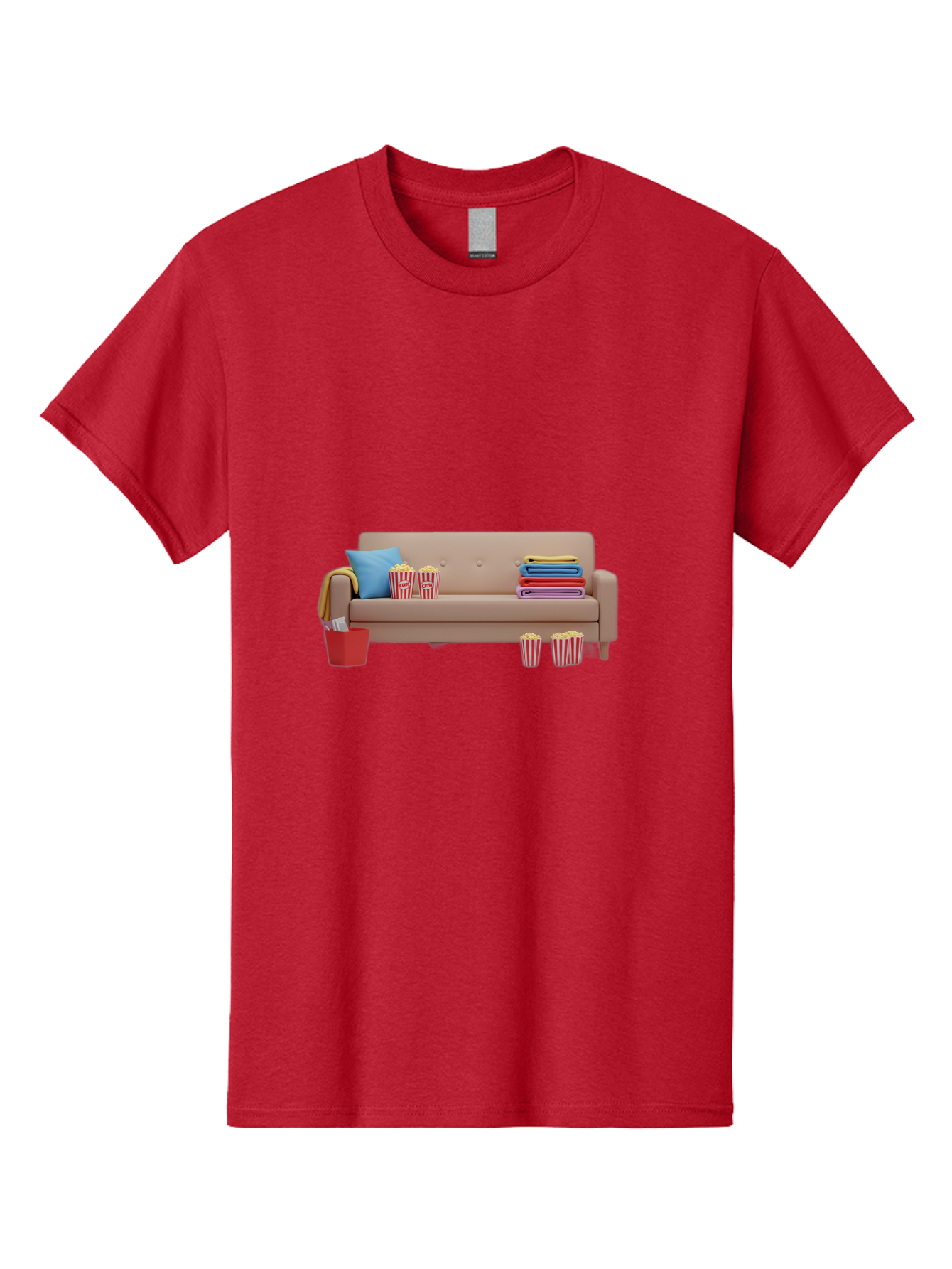 Couch-With-Popcorn Men'S Graphic Tee, 100% Cotton, Comfortable Casual Summer Wear, Machine Washable, Movie Night Setup, Cozy Home Decor, Comfortable Seating, Snacks, Popcorn Buckets, Blankets, Cozy Atmosphere, Living Room, Relaxation, Bab821