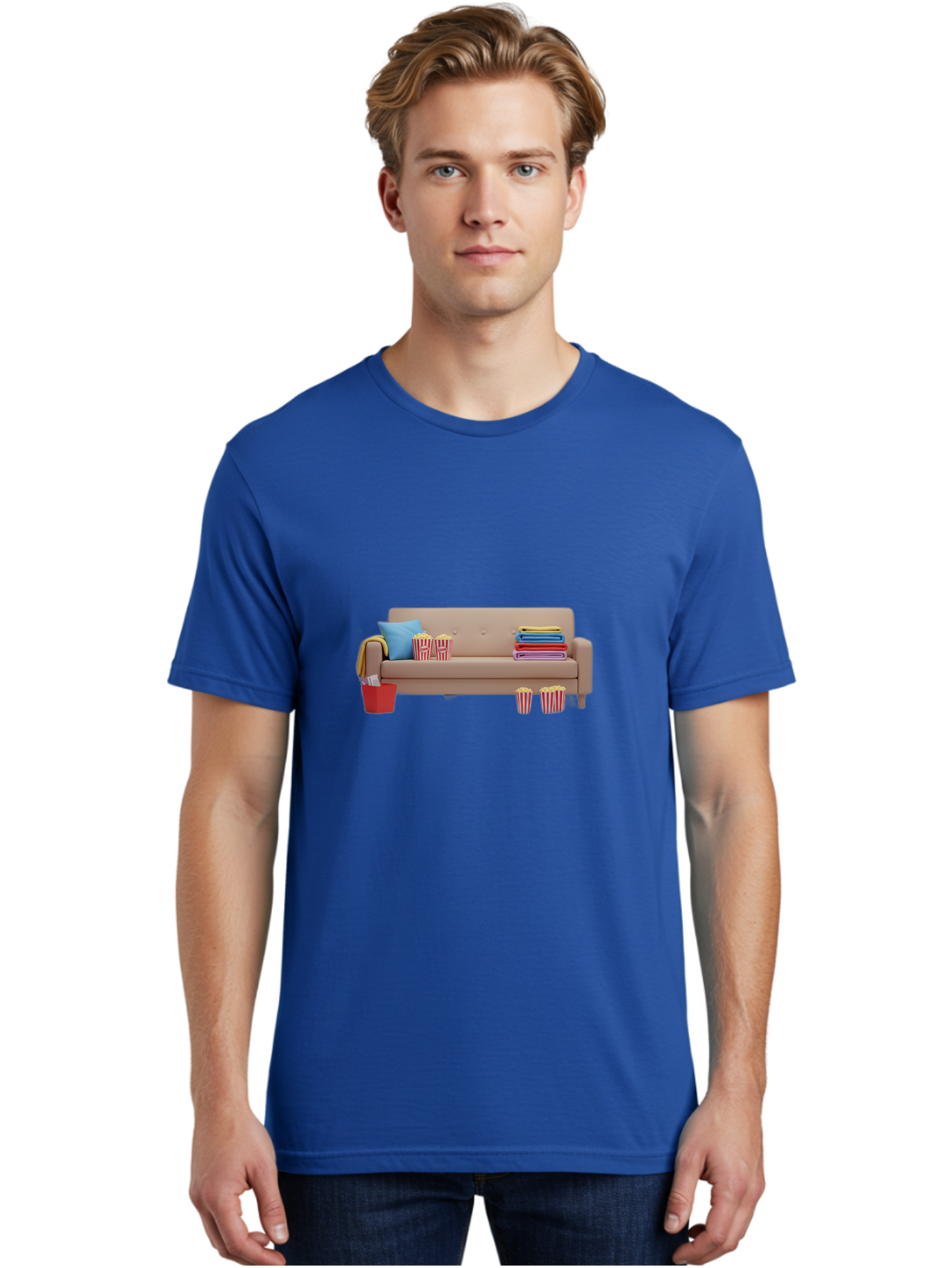 Couch-With-Popcorn Men'S Graphic Tee, 100% Cotton, Comfortable Casual Summer Wear, Machine Washable, Movie Night Setup, Cozy Home Decor, Comfortable Seating, Snacks, Popcorn Buckets, Blankets, Cozy Atmosphere, Living Room, Relaxation, Bab821