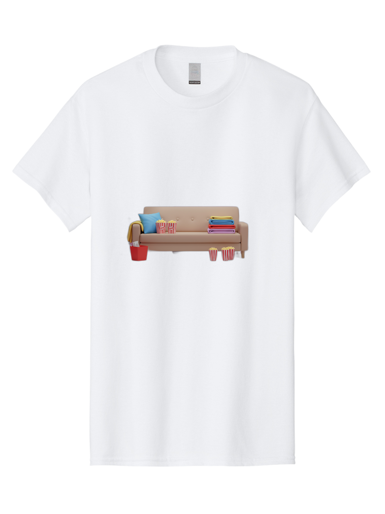 Couch-With-Popcorn Men'S Graphic Tee, 100% Cotton, Comfortable Casual Summer Wear, Machine Washable, Movie Night Setup, Cozy Home Decor, Comfortable Seating, Snacks, Popcorn Buckets, Blankets, Cozy Atmosphere, Living Room, Relaxation, Bab821