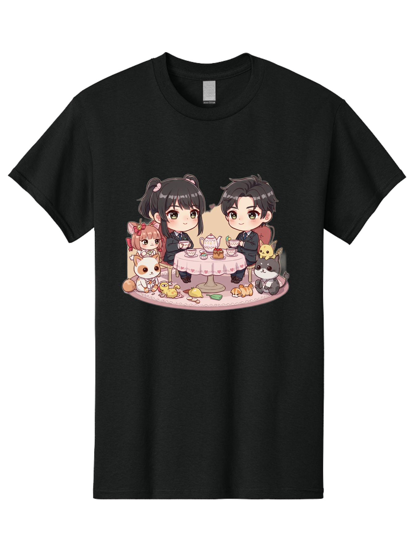 Couple-Having-Tea Men'S Graphic Tee, 100% Cotton, Comfortable Casual Summer Wear, Machine Washable, Couple Having Tea, Cartoon Characters, Anime Style, Tea Party, Adorable Animals, Heartwarming Scene, Tea Cups, Teapot, Sweet Treats, Bab822