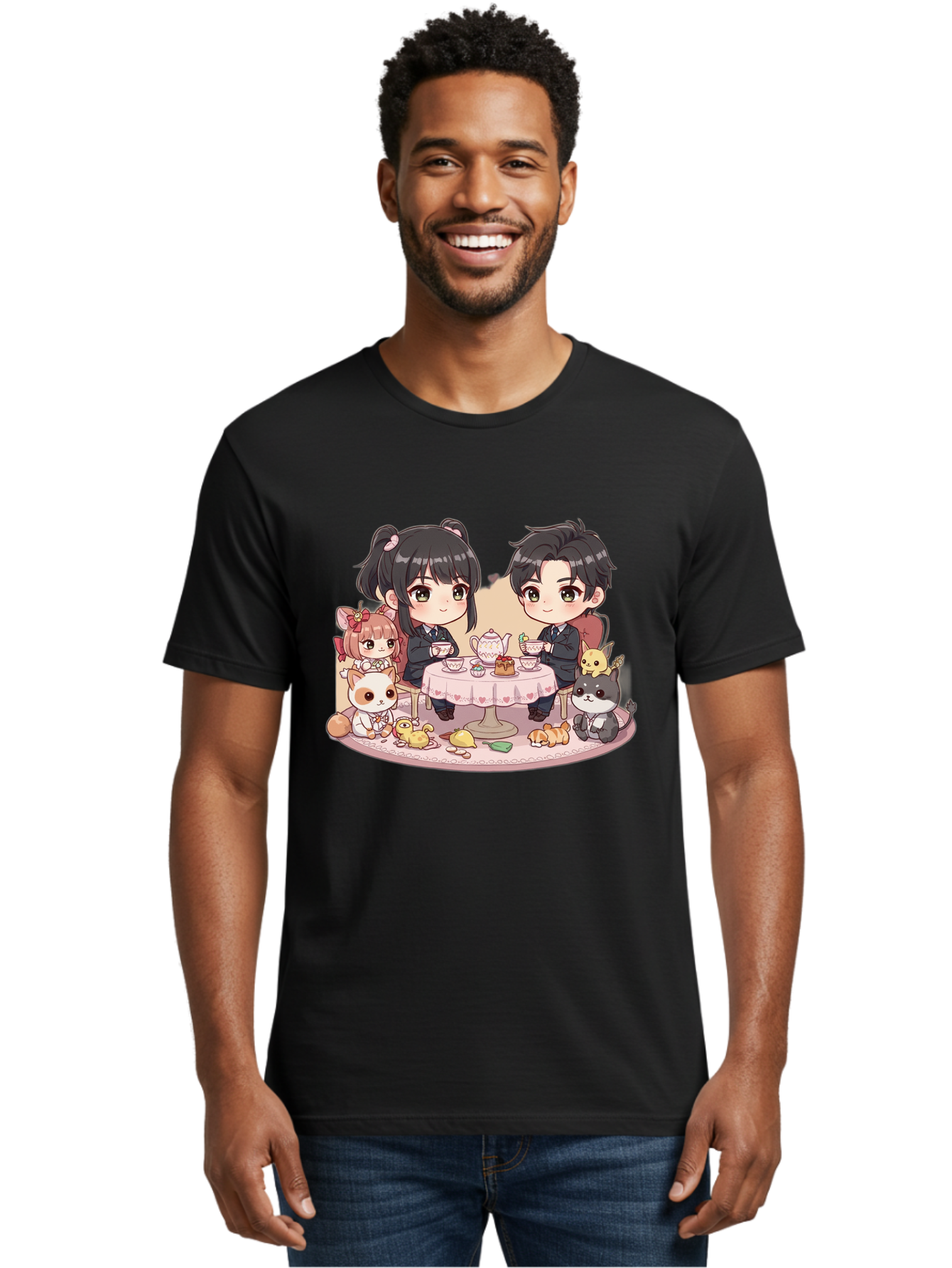 Couple-Having-Tea Men'S Graphic Tee, 100% Cotton, Comfortable Casual Summer Wear, Machine Washable, Couple Having Tea, Cartoon Characters, Anime Style, Tea Party, Adorable Animals, Heartwarming Scene, Tea Cups, Teapot, Sweet Treats, Bab822