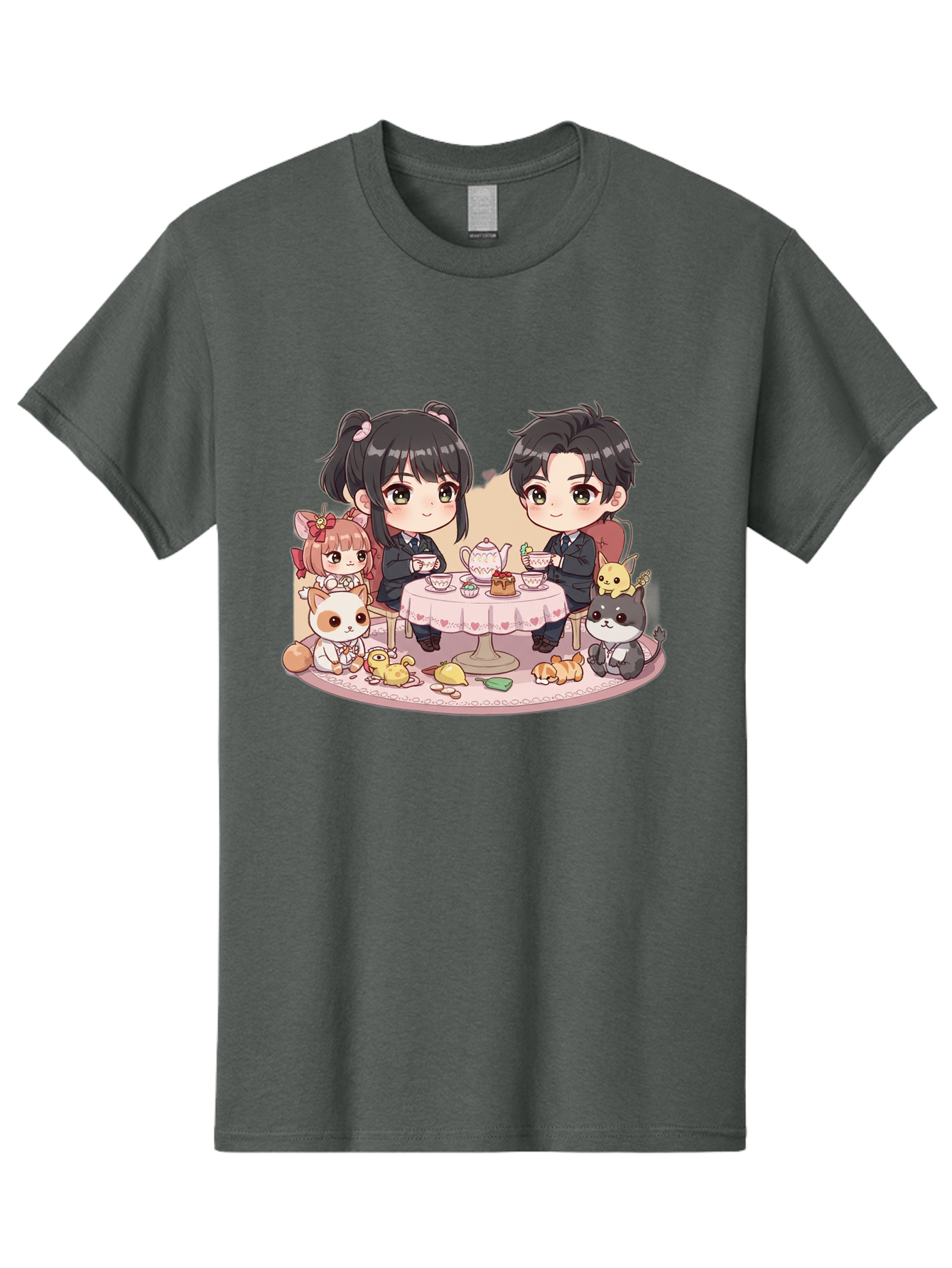 Couple-Having-Tea Men'S Graphic Tee, 100% Cotton, Comfortable Casual Summer Wear, Machine Washable, Couple Having Tea, Cartoon Characters, Anime Style, Tea Party, Adorable Animals, Heartwarming Scene, Tea Cups, Teapot, Sweet Treats, Bab822