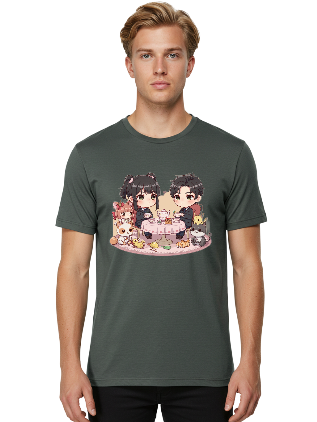 Couple-Having-Tea Men'S Graphic Tee, 100% Cotton, Comfortable Casual Summer Wear, Machine Washable, Couple Having Tea, Cartoon Characters, Anime Style, Tea Party, Adorable Animals, Heartwarming Scene, Tea Cups, Teapot, Sweet Treats, Bab822