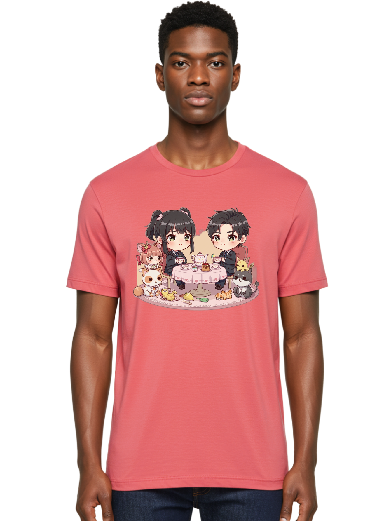 Couple-Having-Tea Men'S Graphic Tee, 100% Cotton, Comfortable Casual Summer Wear, Machine Washable, Couple Having Tea, Cartoon Characters, Anime Style, Tea Party, Adorable Animals, Heartwarming Scene, Tea Cups, Teapot, Sweet Treats, Bab822